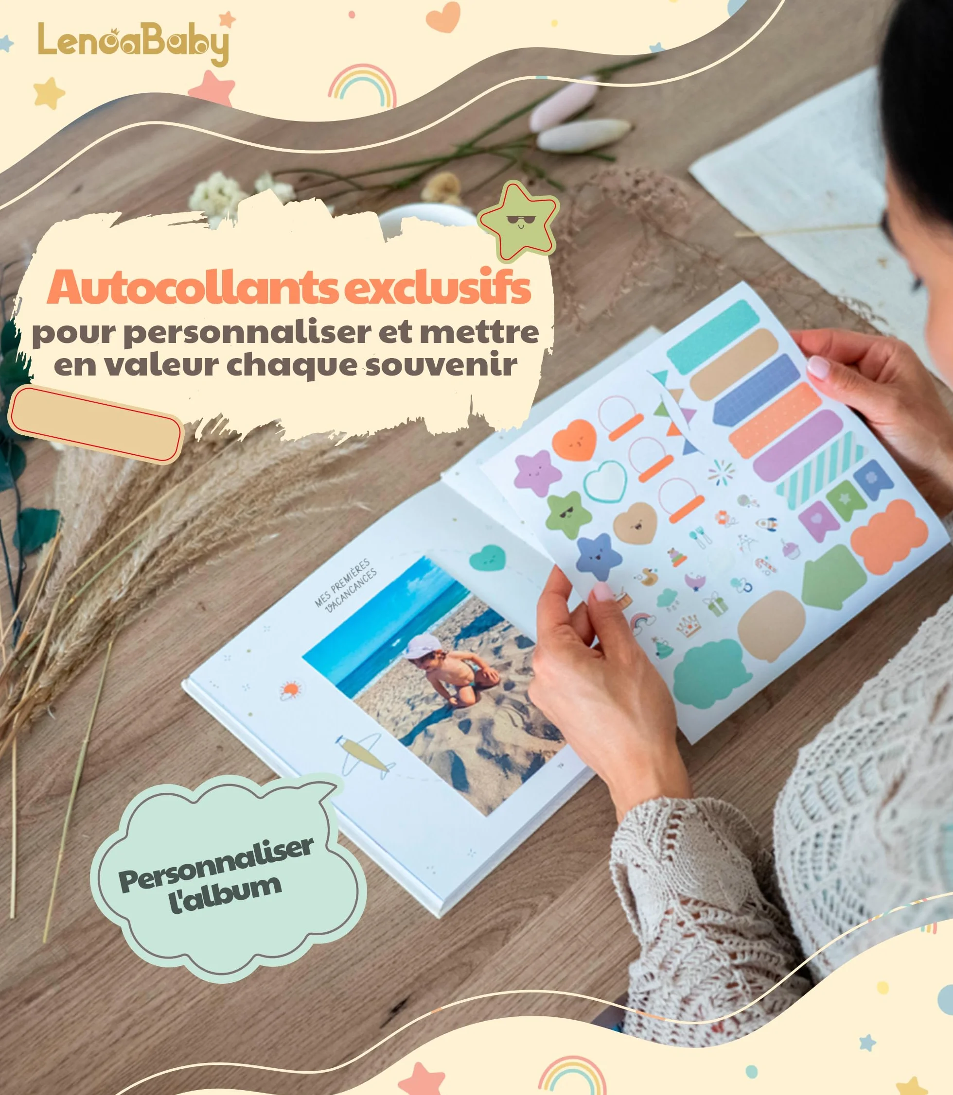 Livre de Naissance Bébé Ma Première Année avec Couverture en Lin 75 Pages Autocollants Album Photo Cadeau
