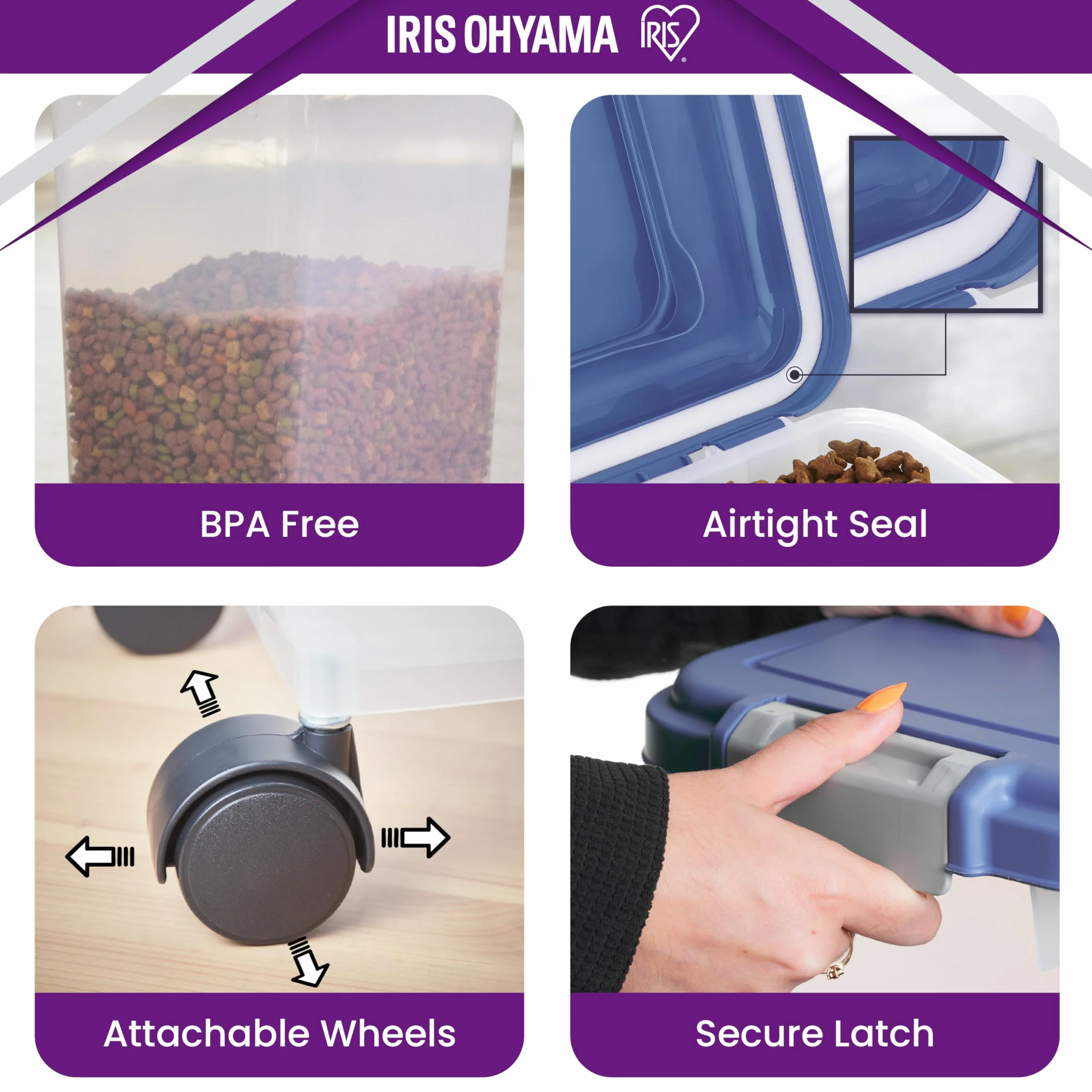 Iris Ohyama Boite Croquettes Chat Hermetique à Roulettes 30L Plastique Bleu