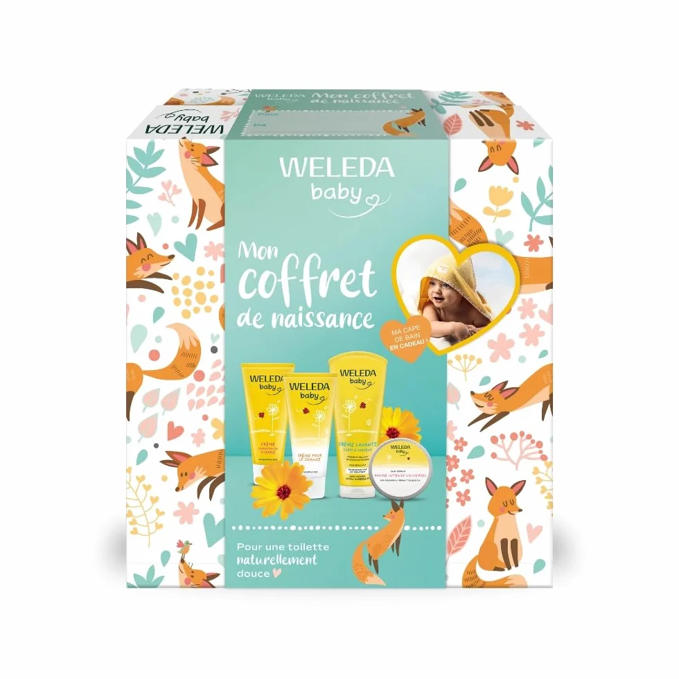 WELEDA Coffret Cadeau Naissance Soins Douceur Bébé Calendula Crème Lavante Visage Change Baume Cape Bain Coton Bio NATRUE 200ml+75ml+50ml+25g