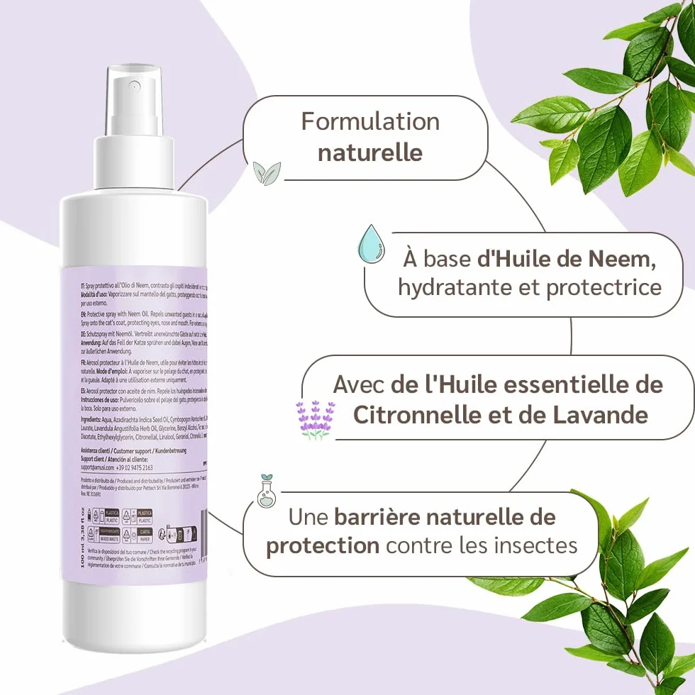 Huile de Neem pour Chats Spray Anti Insectes Anti Puces 100% Naturel Vegan 100 ML