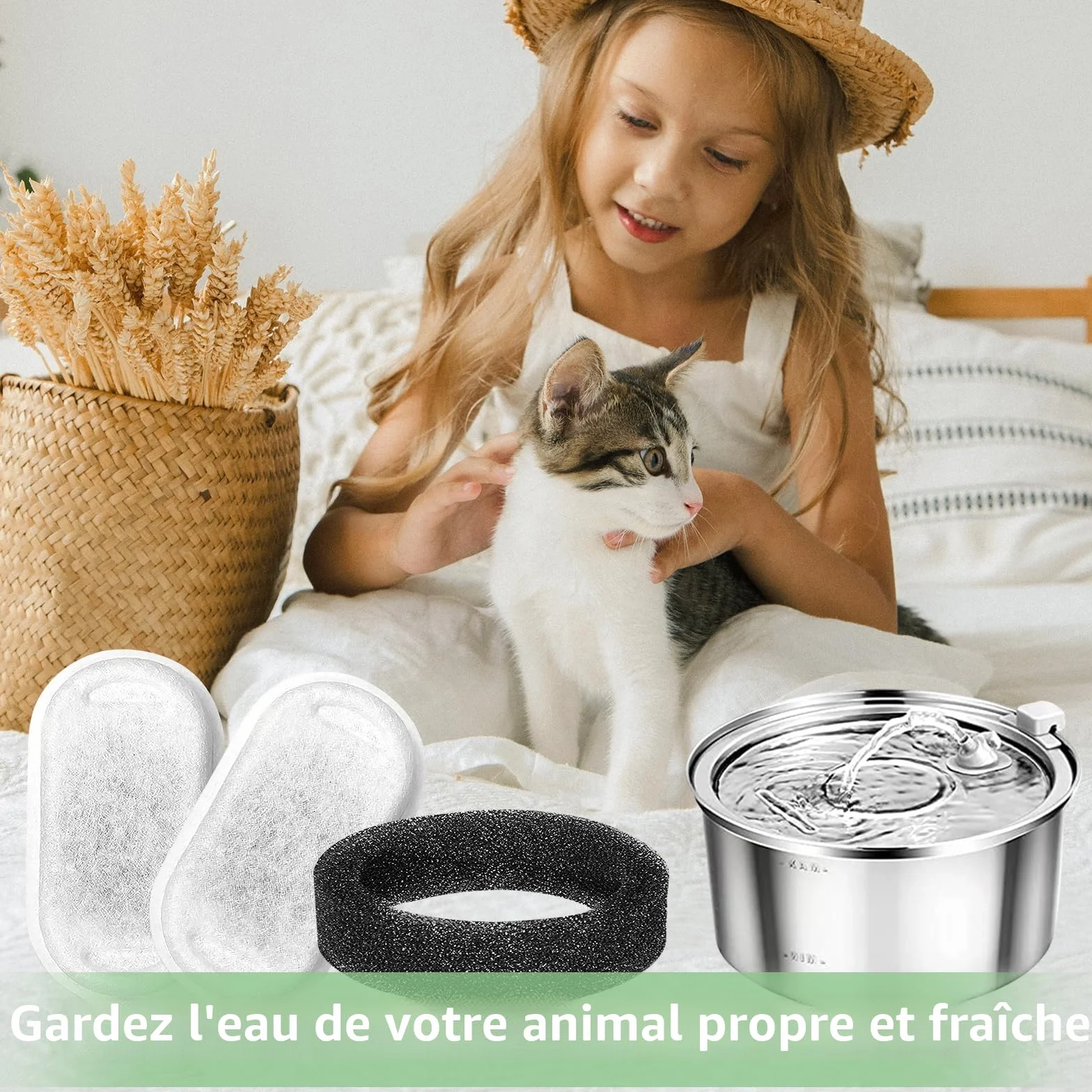 Filtre Fontaine Eau Chat Acier Inoxydable 32 Pièces, 16 Filtres Charbon, 16 Eponges Préfiltration 3.2L/2L
