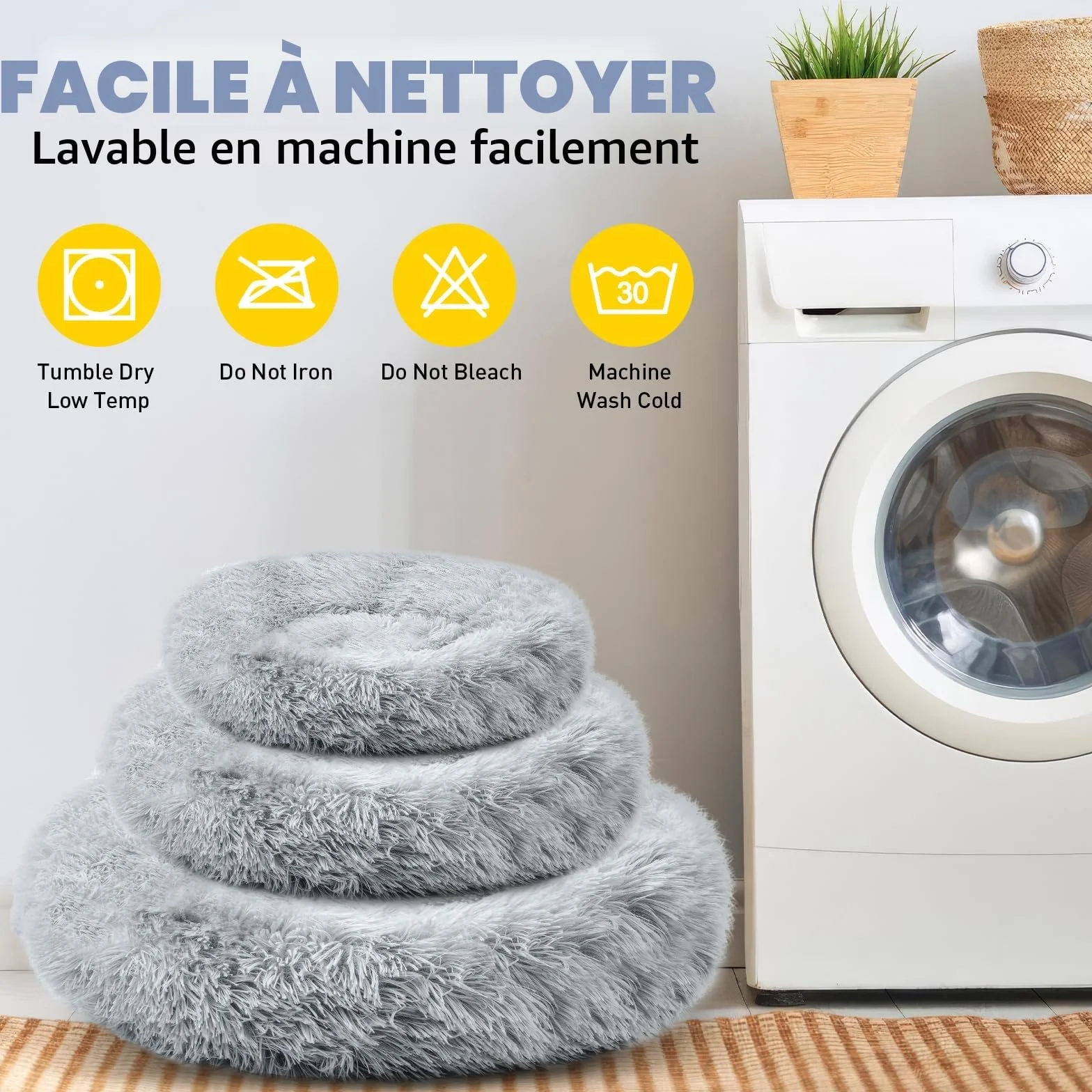 Lit pour chien moelleux rond en forme de donut, lavable avec fond antidérapant, 70 cm, gris
