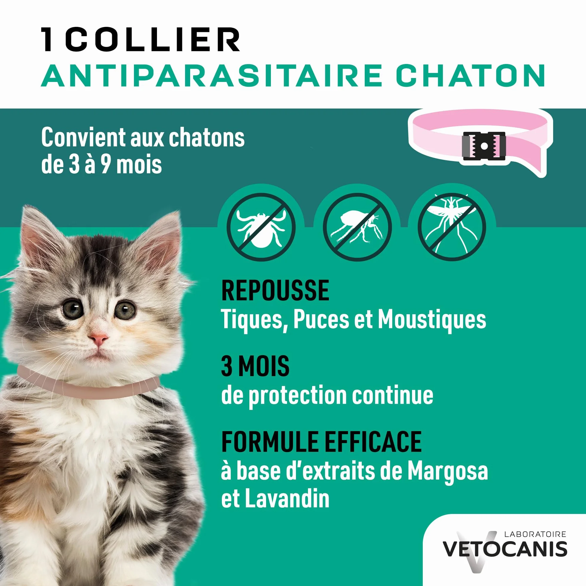 Collier anti-puces et anti-tiques pour chaton Vetocanis - Protection antiparasitaire 3 mois résistant à l'eau