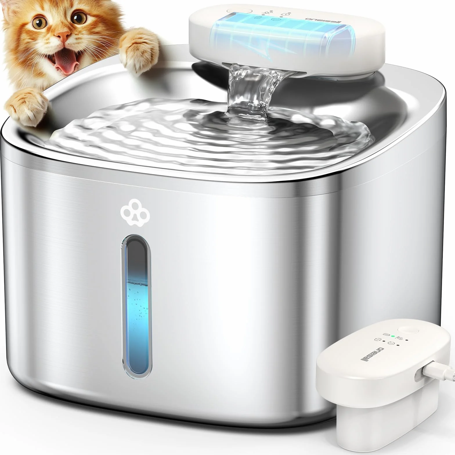 oneisall Fontaine à Eau pour Chat sans Fil 3,5 l Acier Inoxydable Batterie 5000 mAh Détecteur de Mouvement Pompe Silencieuse