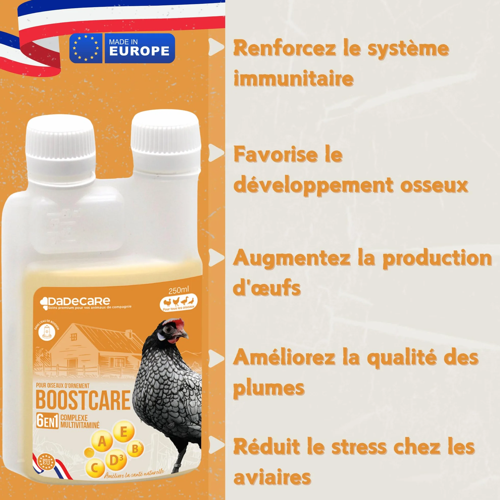 Boostcare Multivitamines 6 en 1 250 ML Oiseaux | Vitamines A-E-D-C-B | Nourriture complémentaire pour Poules, Poulets, Pigeons, Perroquets