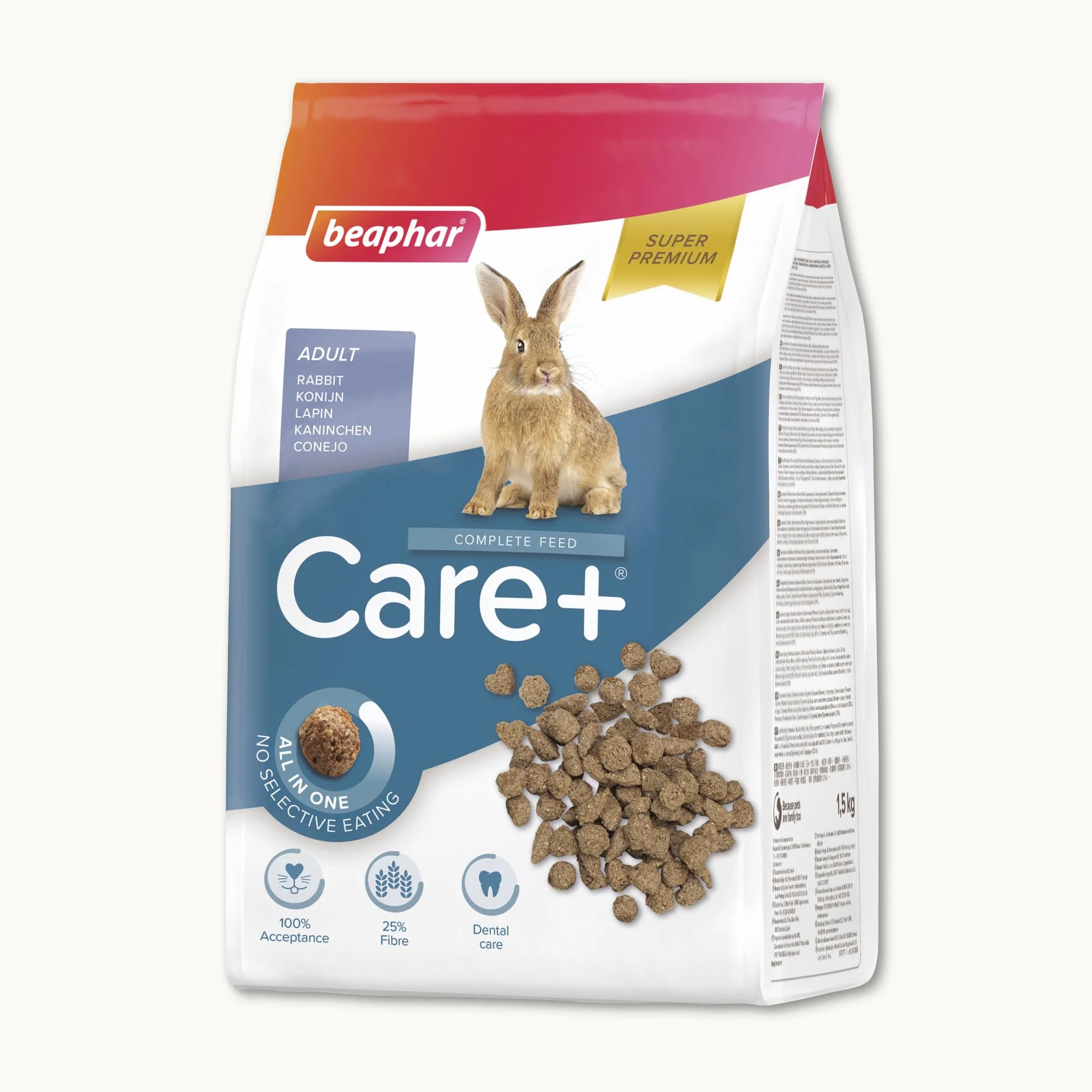 BEAPHAR Care+ Alimentation Super Premium extrudée pour Lapin 25% Fibres 1,5 kg