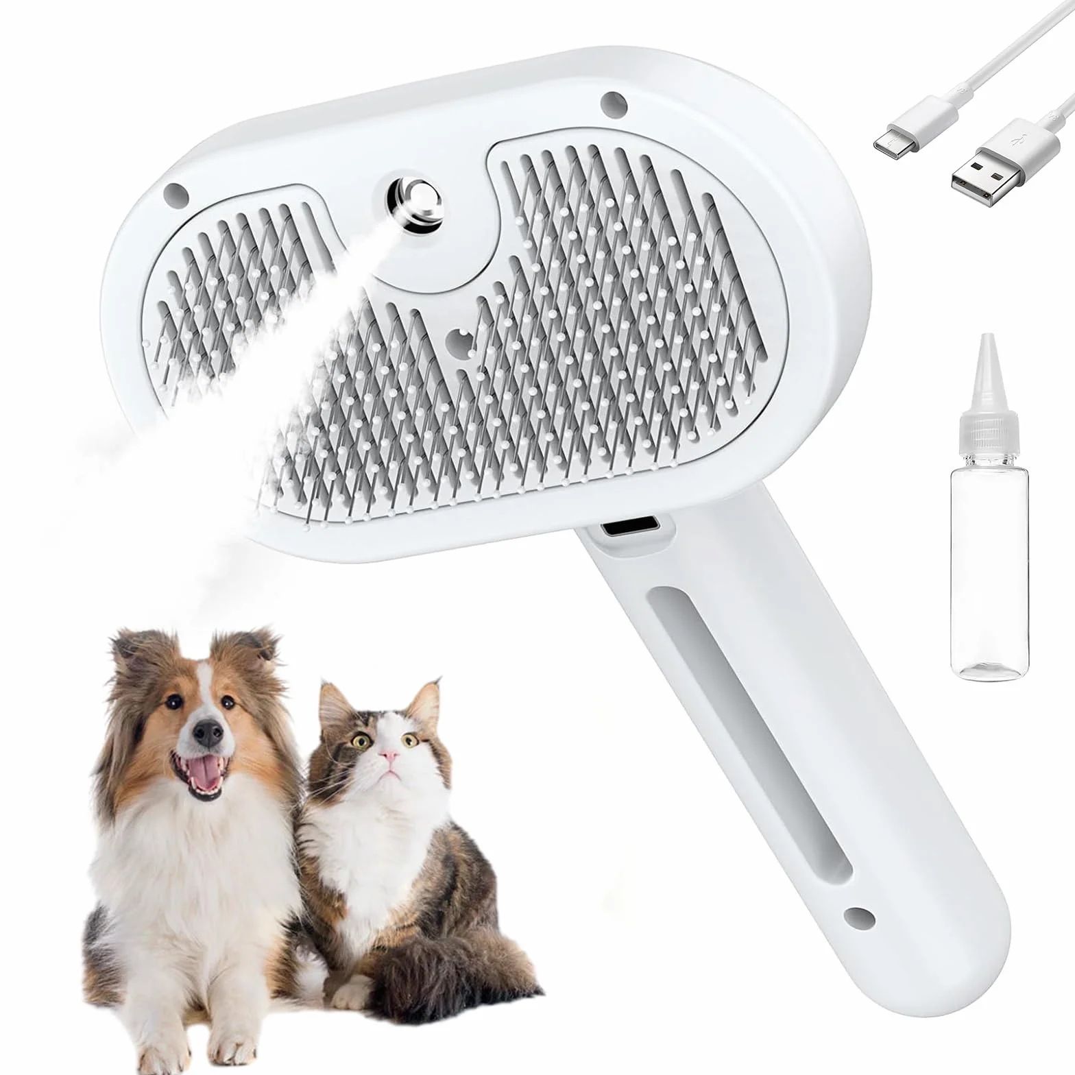 Brosse à vapeur 3-en-1 pour chien et chat avec vapeur froide et embouts en gel, démêlage douce pour poils perdus, réservoir d'eau