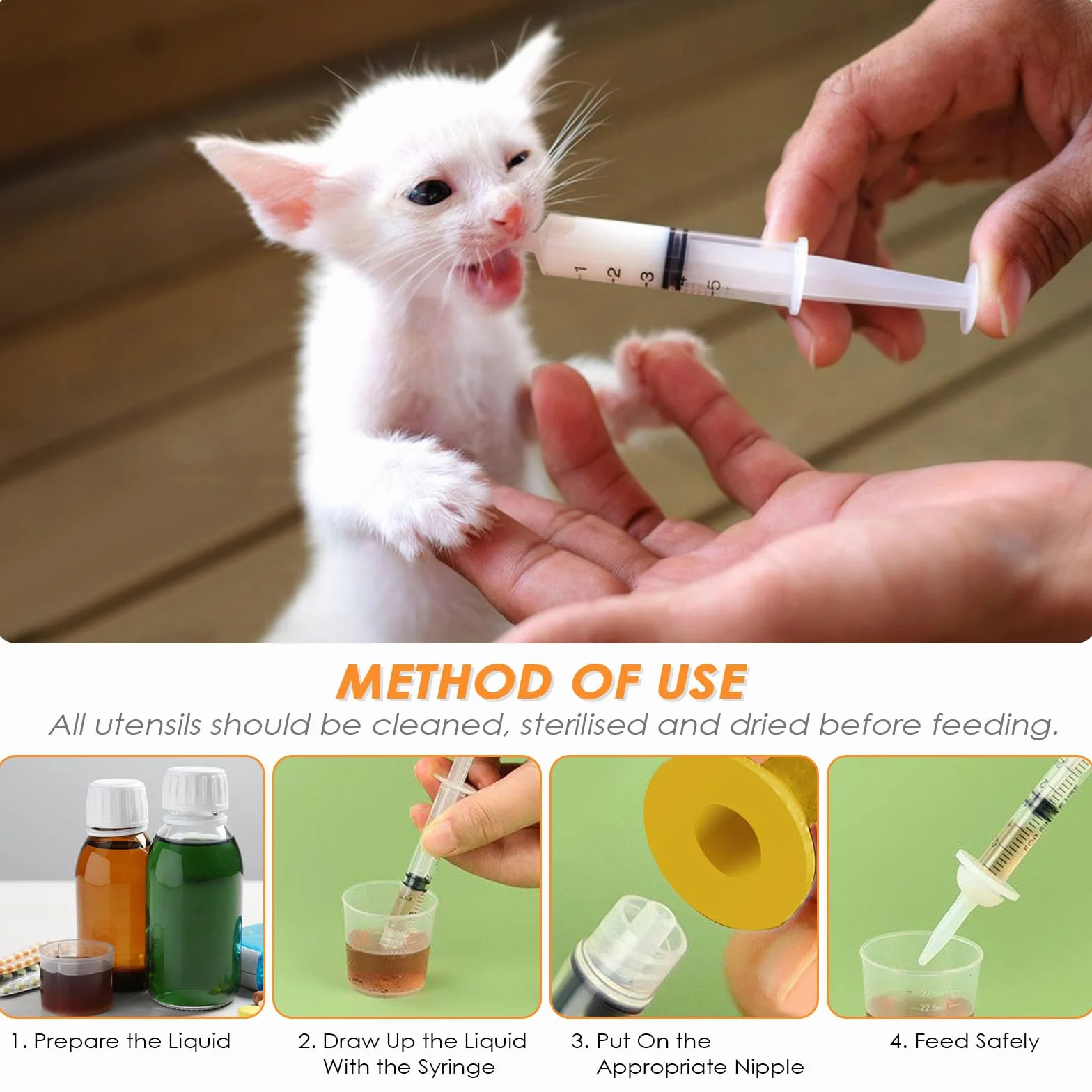 Biberons d'allaitement pour chatons, tétines en silicone réutilisables avec seringue
