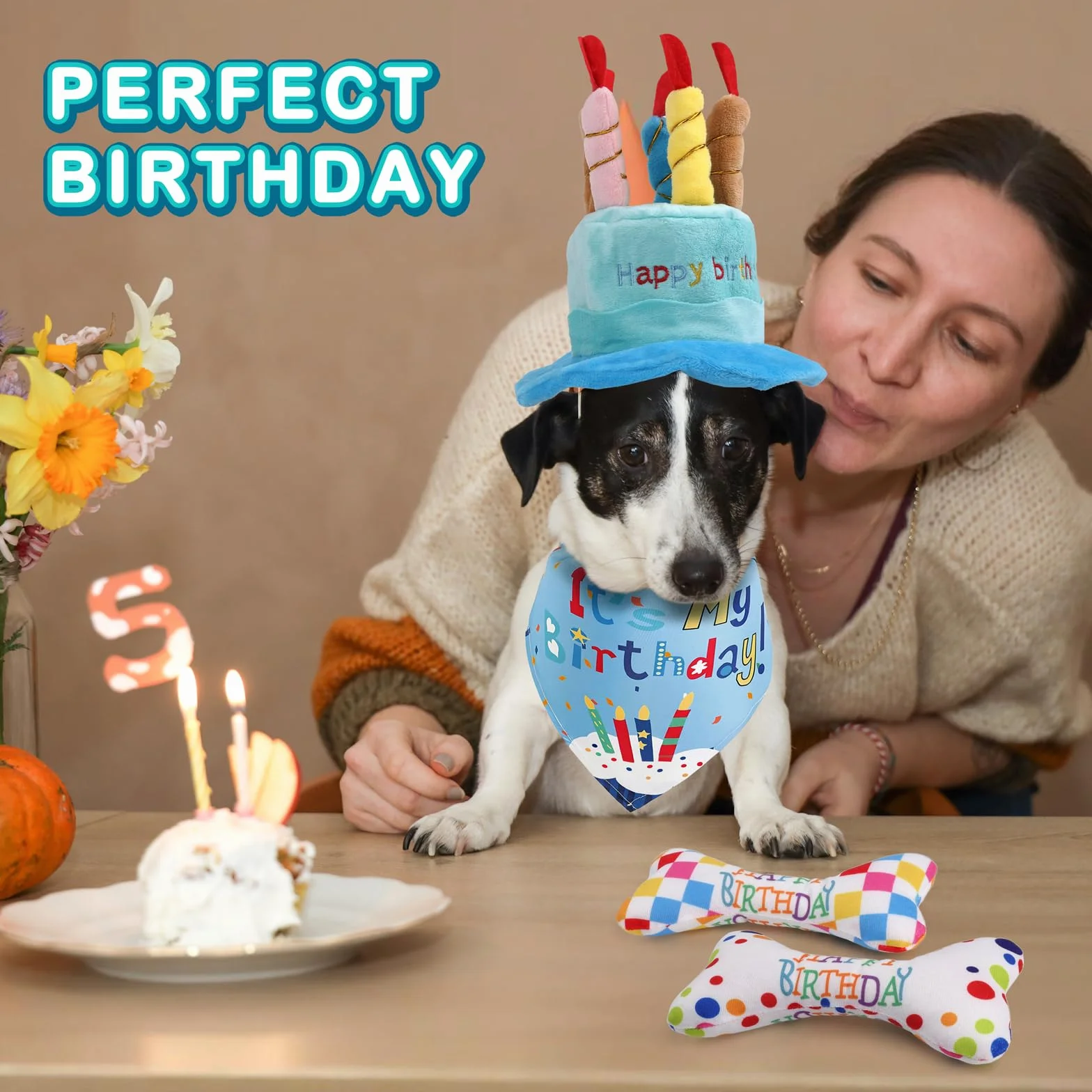 Lot de 4 jouets d'anniversaire pour chien - couineur réglable - chapeau - bandana - os en peluche