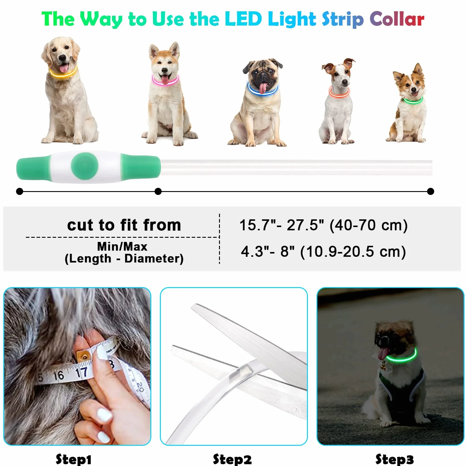 Collier lumineux à LED pour chien rechargeable USB longueur réglable étanche 3 modes vert