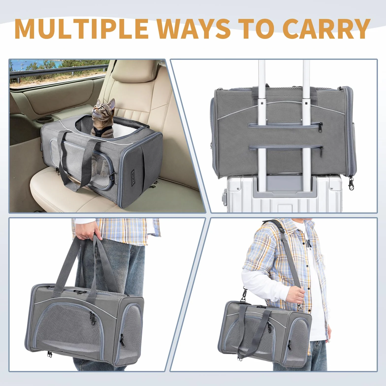 Petsfit Sac de Transport Démontable Lavable avec 2 Coussins pour Chien Chat - Caisse de Transport Pliable Bandoulière pour Voyage Avion, Voiture - S/Gris