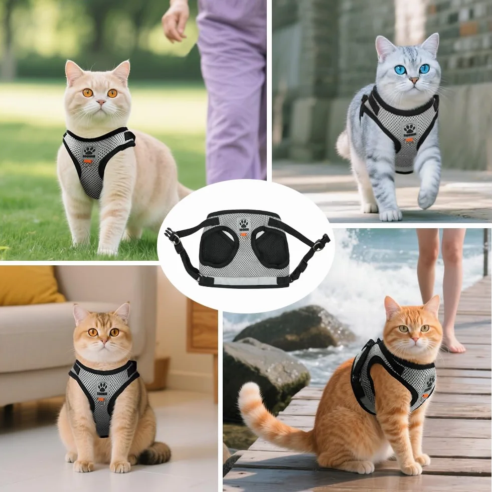 Harnais pour Chat Respirant Souple Réglable Anti Évasion avec Laisse 1.5m AUYAO