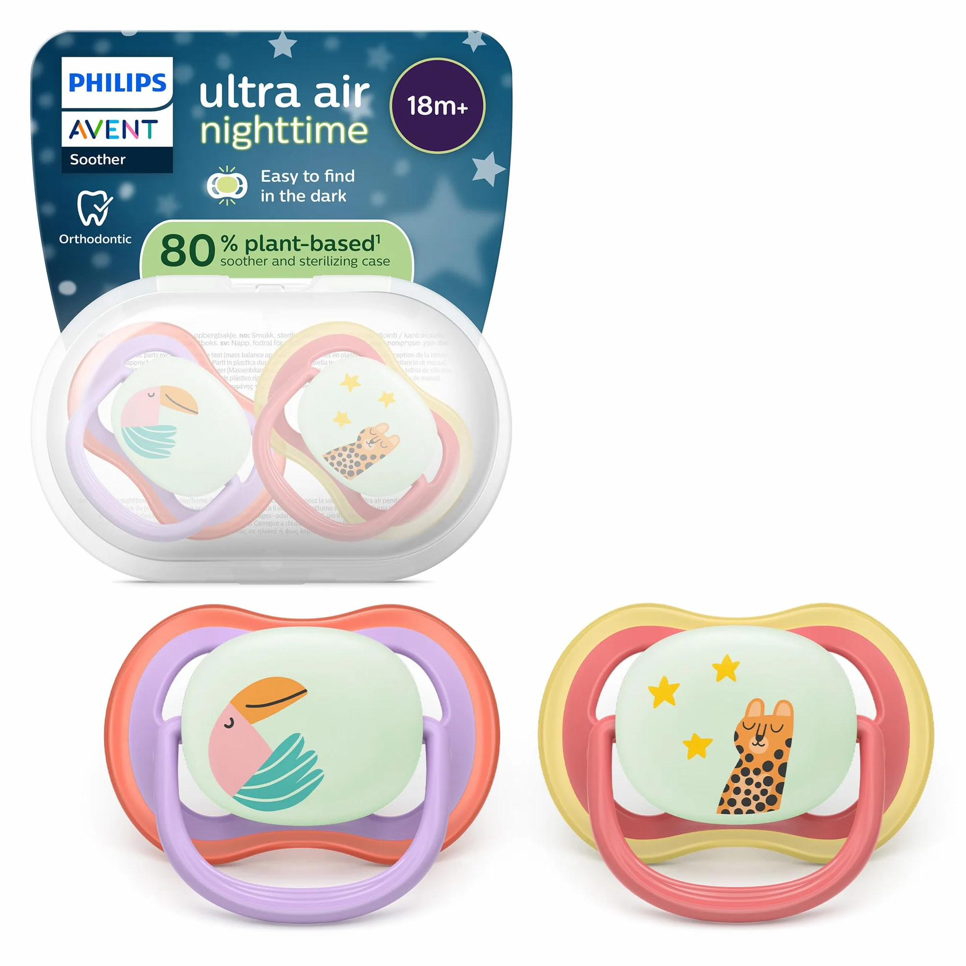 Philips Avent Sucettes de nuit ultra air Tétines orthodontiques bébé 18 mois phosphorescentes silicone sans BPA lot de 2 SCF376/33