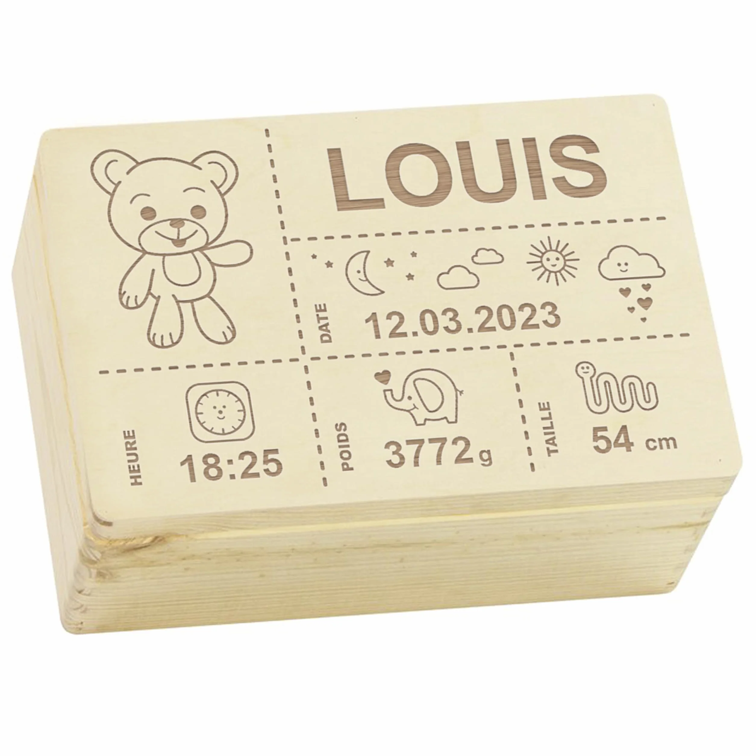 Boîte à souvenirs bébé personnalisée LAUBLUST - Cadeau de naissance avec prénom, ours en peluche, tailles S M L XL, bois naturel ou blanc FSC