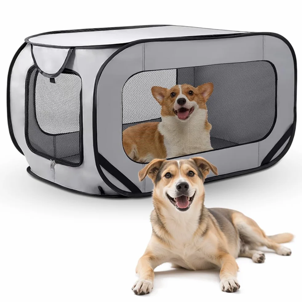 Cage de transport pliable pour chat et chien - En tissu Oxford - Double porte - Boîte de transport pop-up - Portable - 94 x 53 x 53 cm - Gris