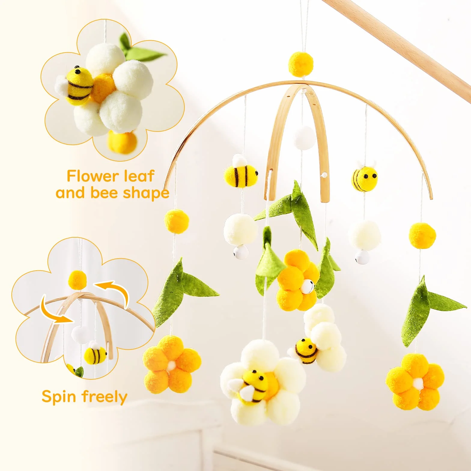 Mobile Bébé en Bois avec Boules de Feutre, Abeilles et Fleurs, Pendentif Cloche de Lit, Décoration Chambre d'enfant, Cadeau Bébé Fille et Garçon