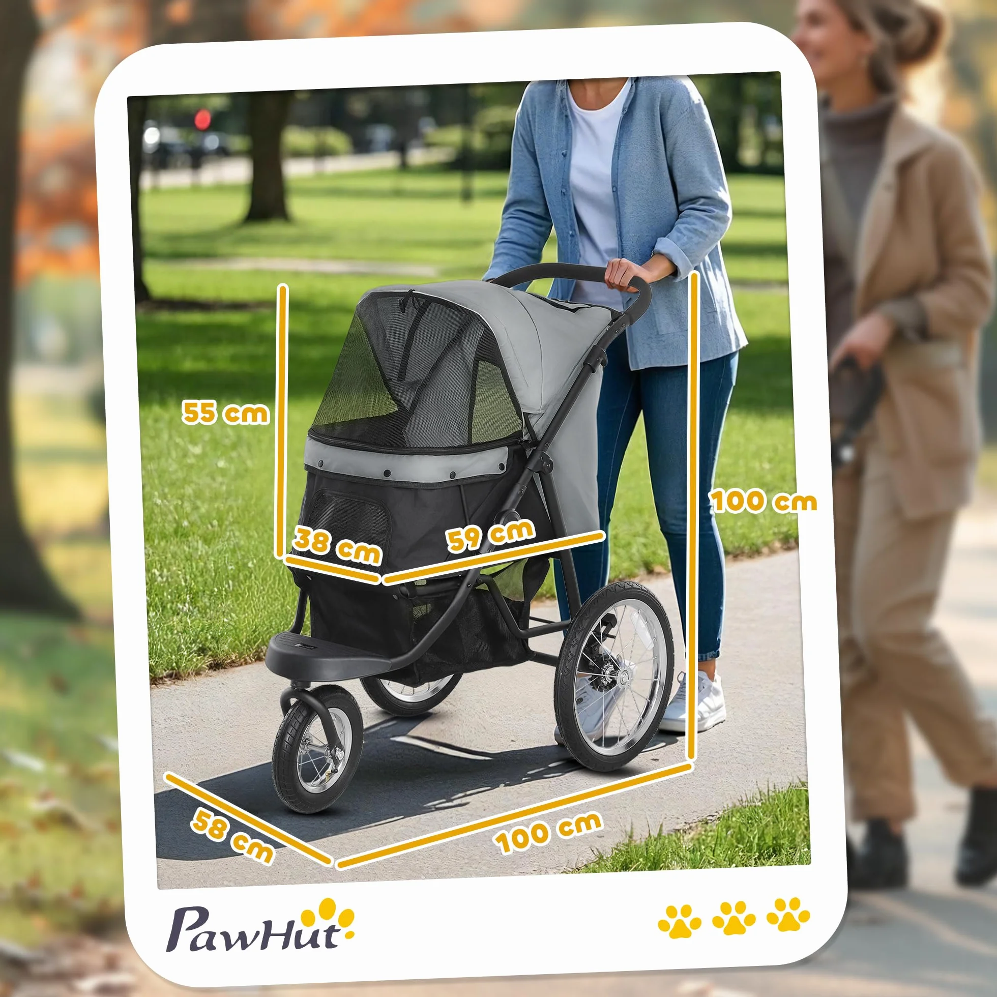 PawHut Poussette pour chien pliable en un clic, poussette chat, panier de rangement, coussin lavable, grandes roues caoutchouc, gris