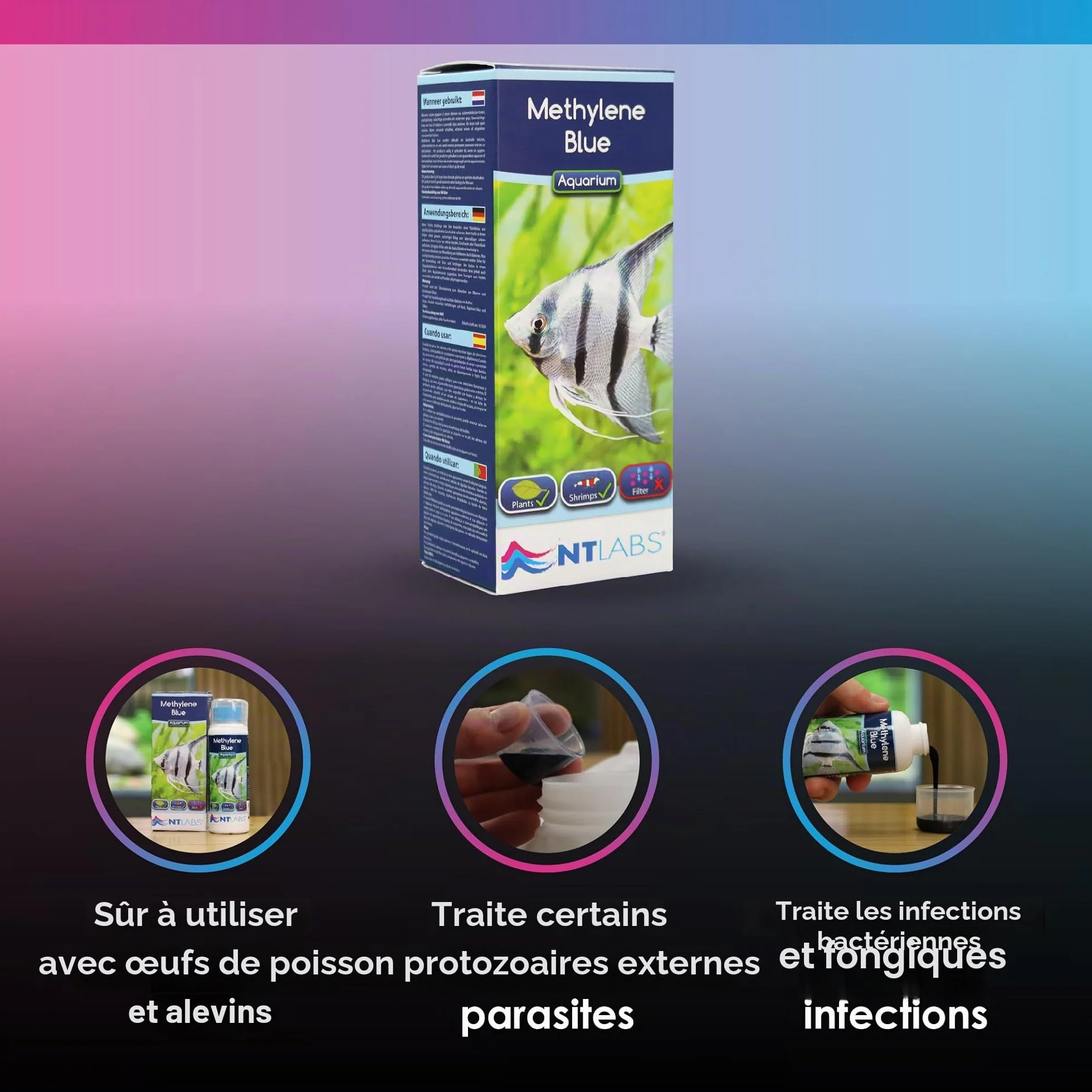 NT Labs Bleu de méthylène médicament aquarium infections parasitaires bactériennes fongiques poissons œufs