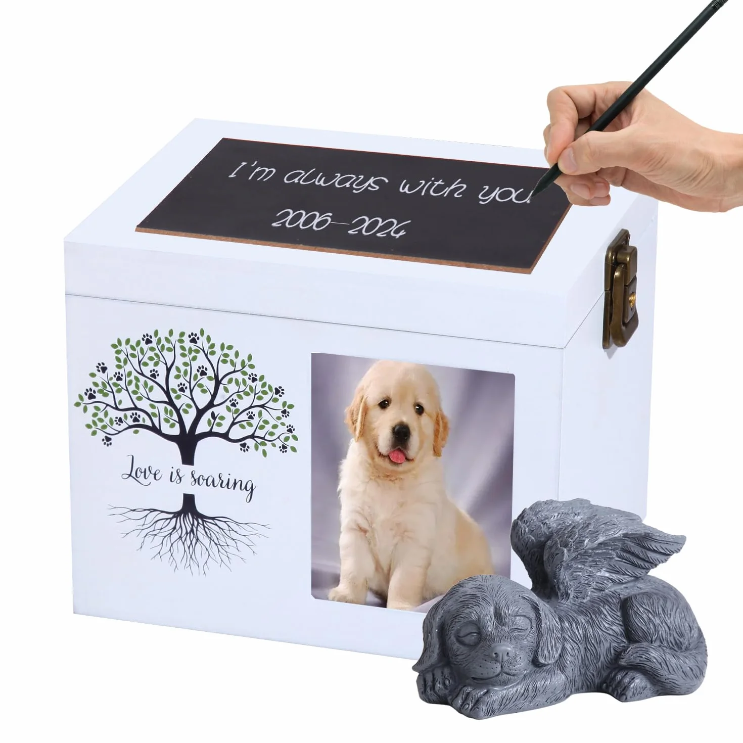 Urne funéraire pour Chien ou Chat en Bois avec Cadre Photo - Boîte à Souvenirs Doublure Flanelle Noire