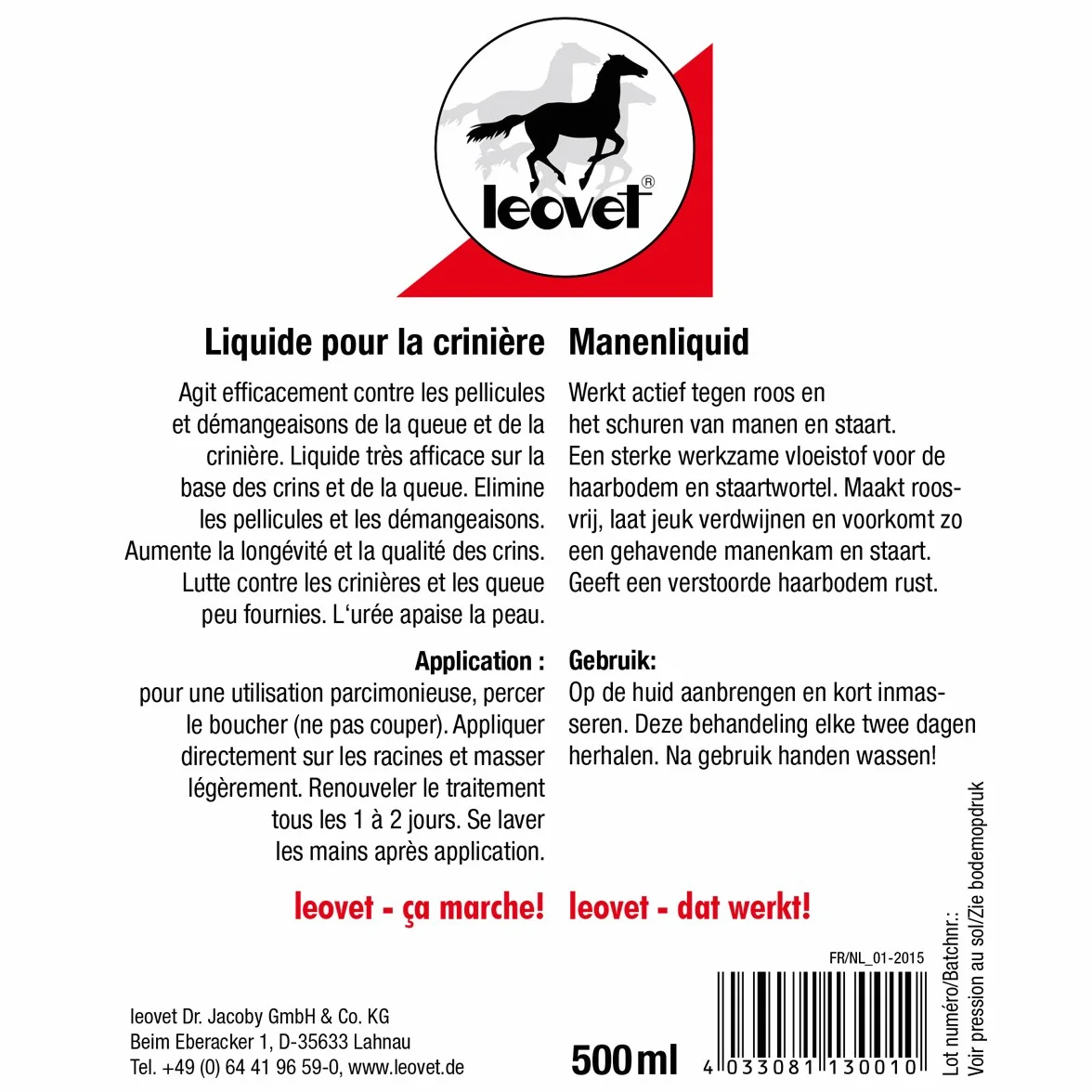 LEOVET Liquide pour crinière pour chevaux 500 ml Complément soin cheveux Urée Soufre bio Flacon compte-gouttes