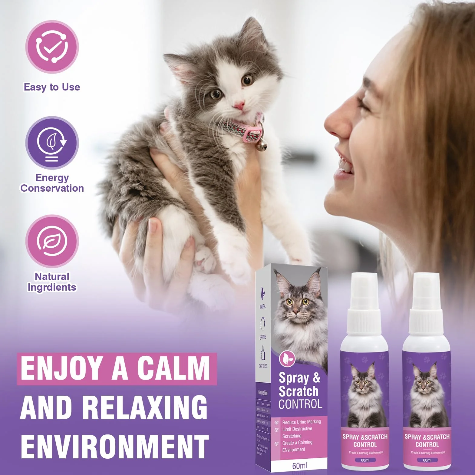 Spray Anti Stress Chat 2 Pièces Phéromones Apaisant Calmant pour Chats