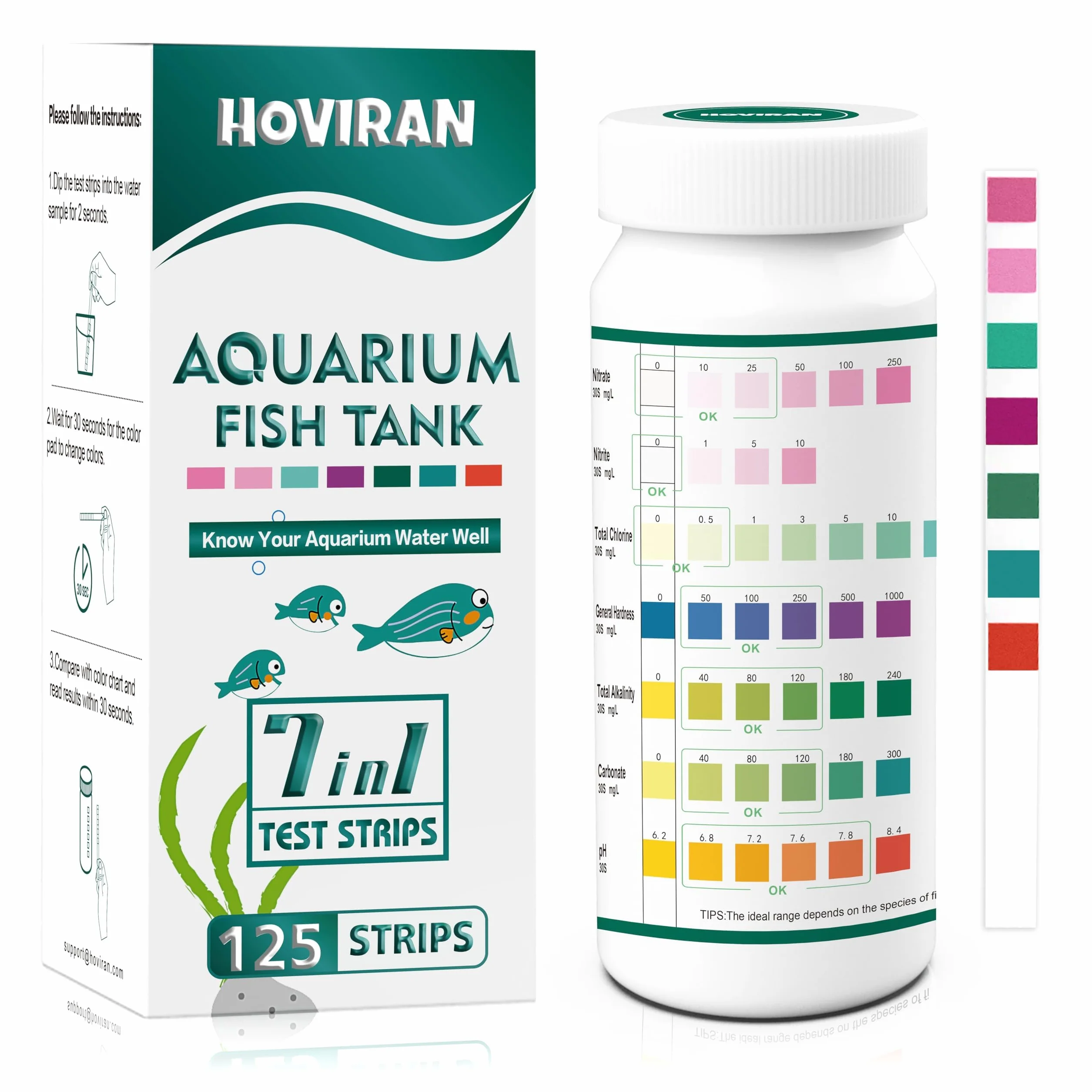 Bandelettes de test pour aquarium 7 en 1, 125 pièces, kit d'analyse d'eau douce et salée, chlore, dureté totale, carbonate, alcalinité, nitrate