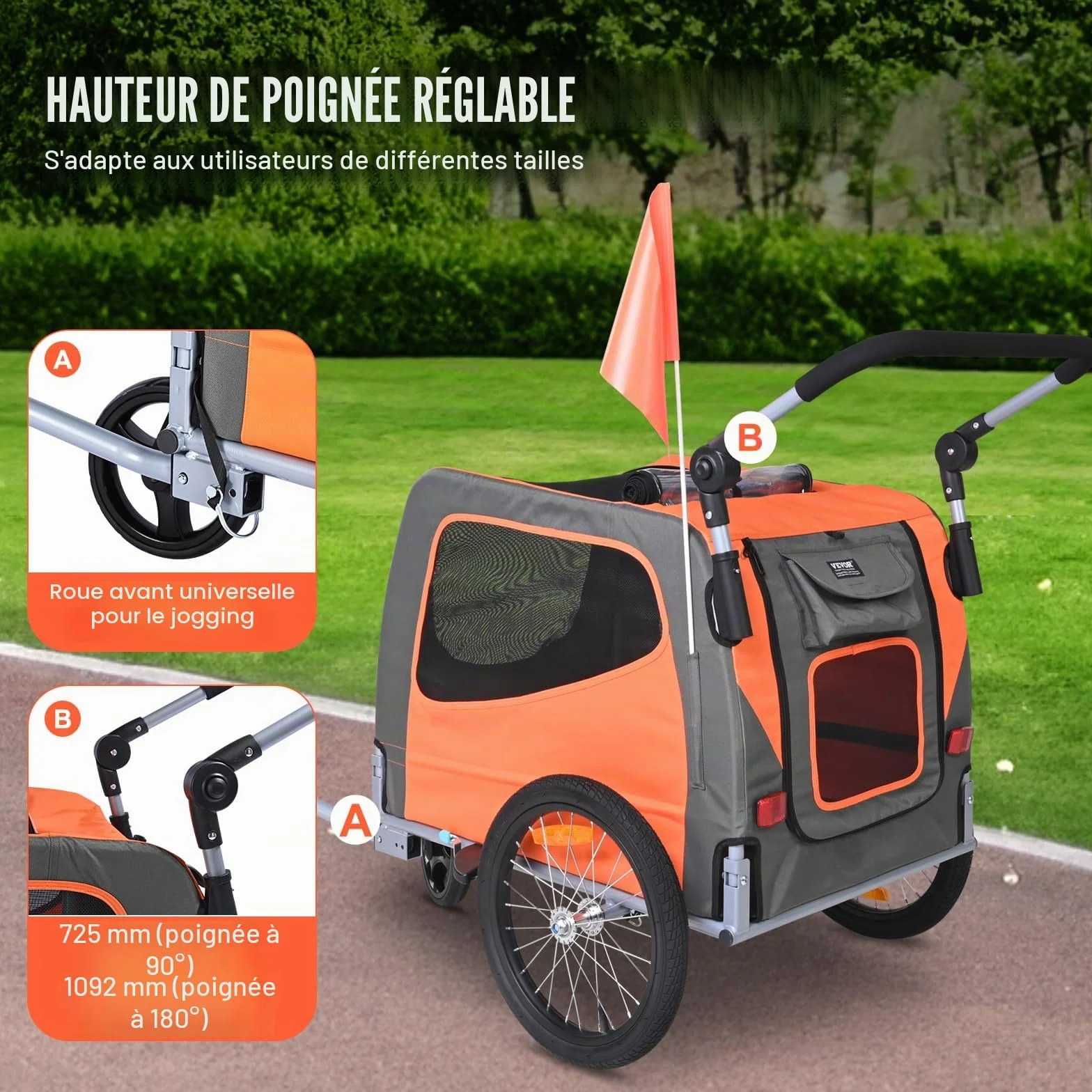 VEVOR Remorque de vélo pour chien 2 en 1 poussette pour animal domestique cadre pliable 45,4 kg roues à dégagement rapide coupleur de vélo