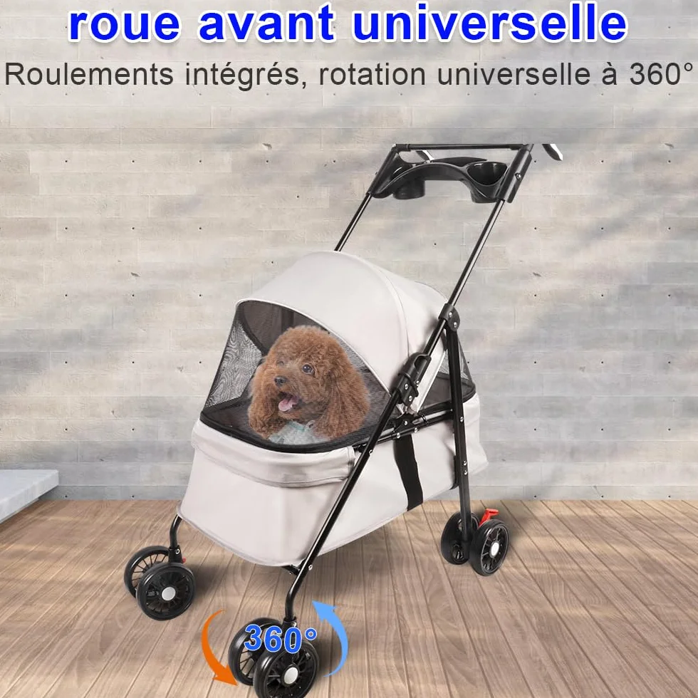 Poussette de voyage pliable pour chiens et chats avec roues, porte-gobelet, auvent réglable, grand panier