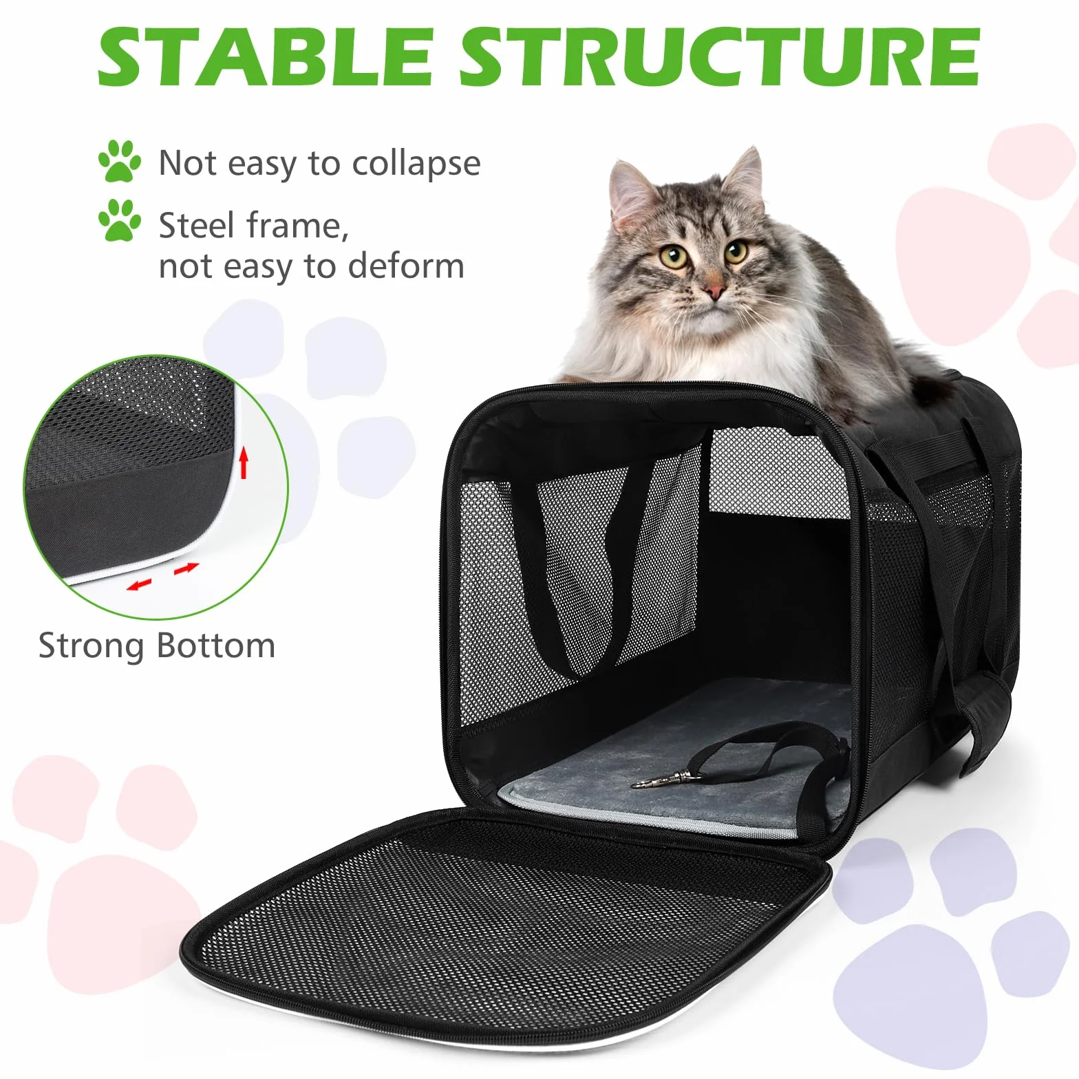 Sac de Transport pour Chat Pliable avec Coussin Amovible, 45x30x30cm, Noir, pour Animaux jusqu'à 6,5kg
