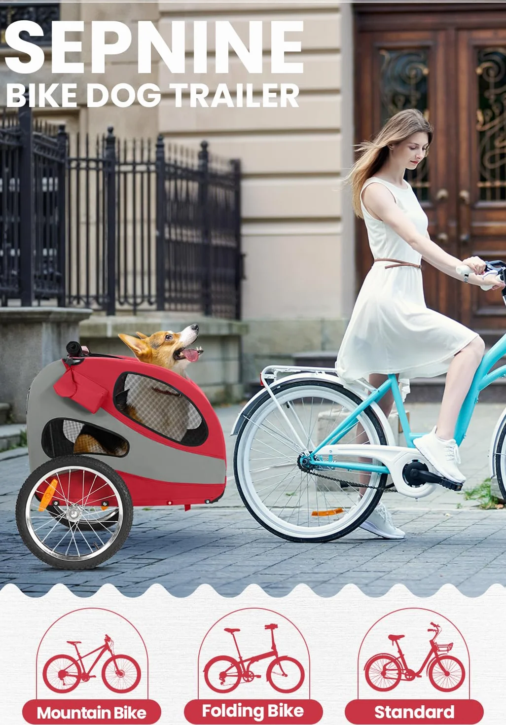 Sepnine Remorque de Vélo pour Chien M Pliable 30 kg Rouge avec Réflecteurs de Sécurité