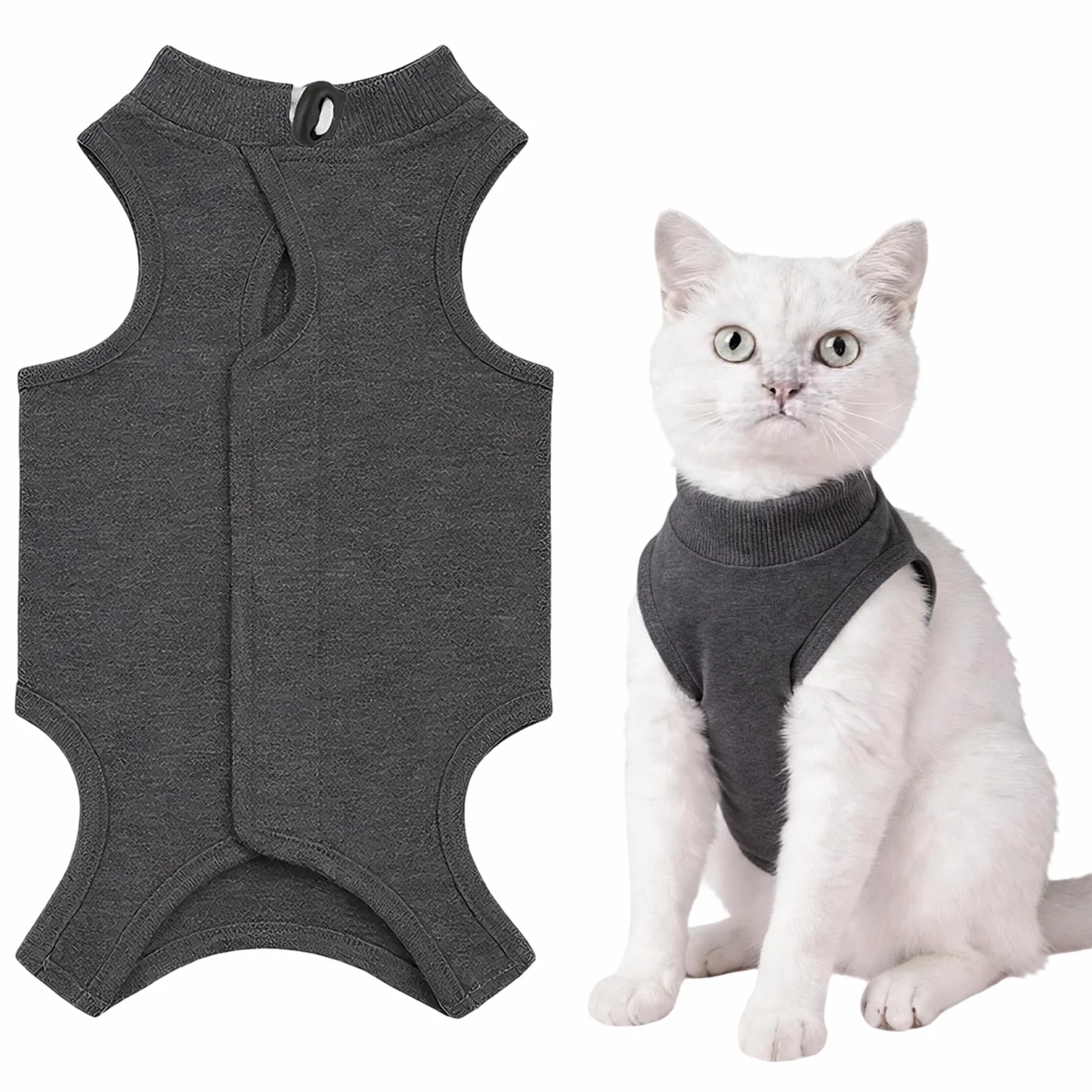 Body Chat Post Opératoire Femelle et Mâle, Gris M | Gilet de Récupération, Coton Doux, Alternative à la Collerette