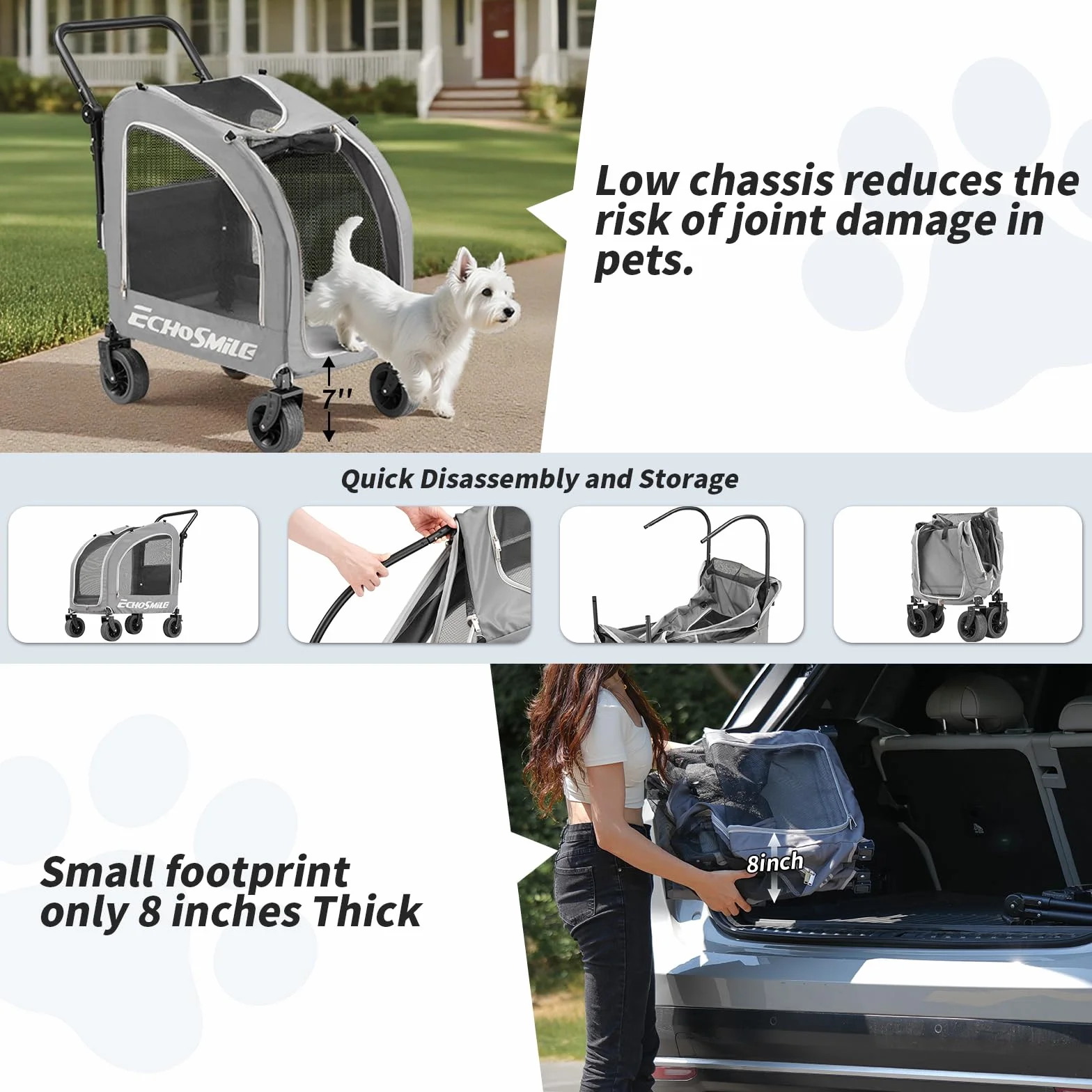 EchoSmile Poussette pour Chien de Petite et Moyenne 20 kg, Chariot pour Chien Pliable Tout Terrain avec Double Freinage, Ceintures de Sécurité et Fenêtres Grillagées, Gris