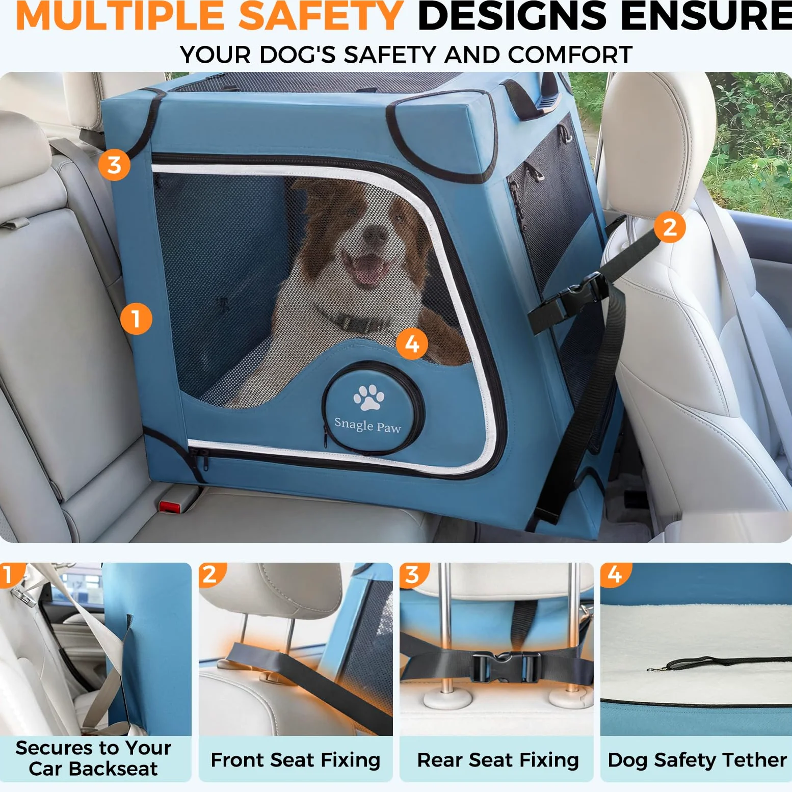 Snagle Paw Cage portable pour chien pour voyage en voiture, cadre en métal, cage de transport pour animal domestique pour siège arrière de voiture sécurisée avec sangle d'appui-tête et ceinture de