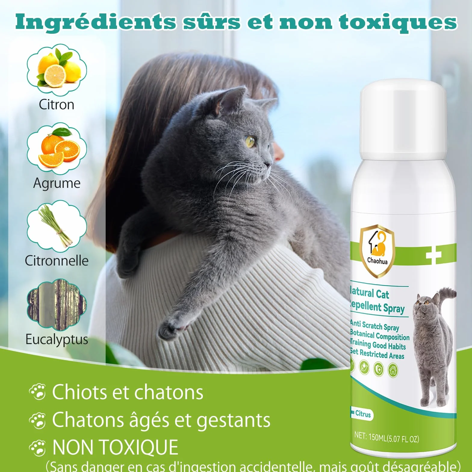 Repulsif Chat Interieur 150 ML Anti Griffure Spray Protéger Meubles Canapé
