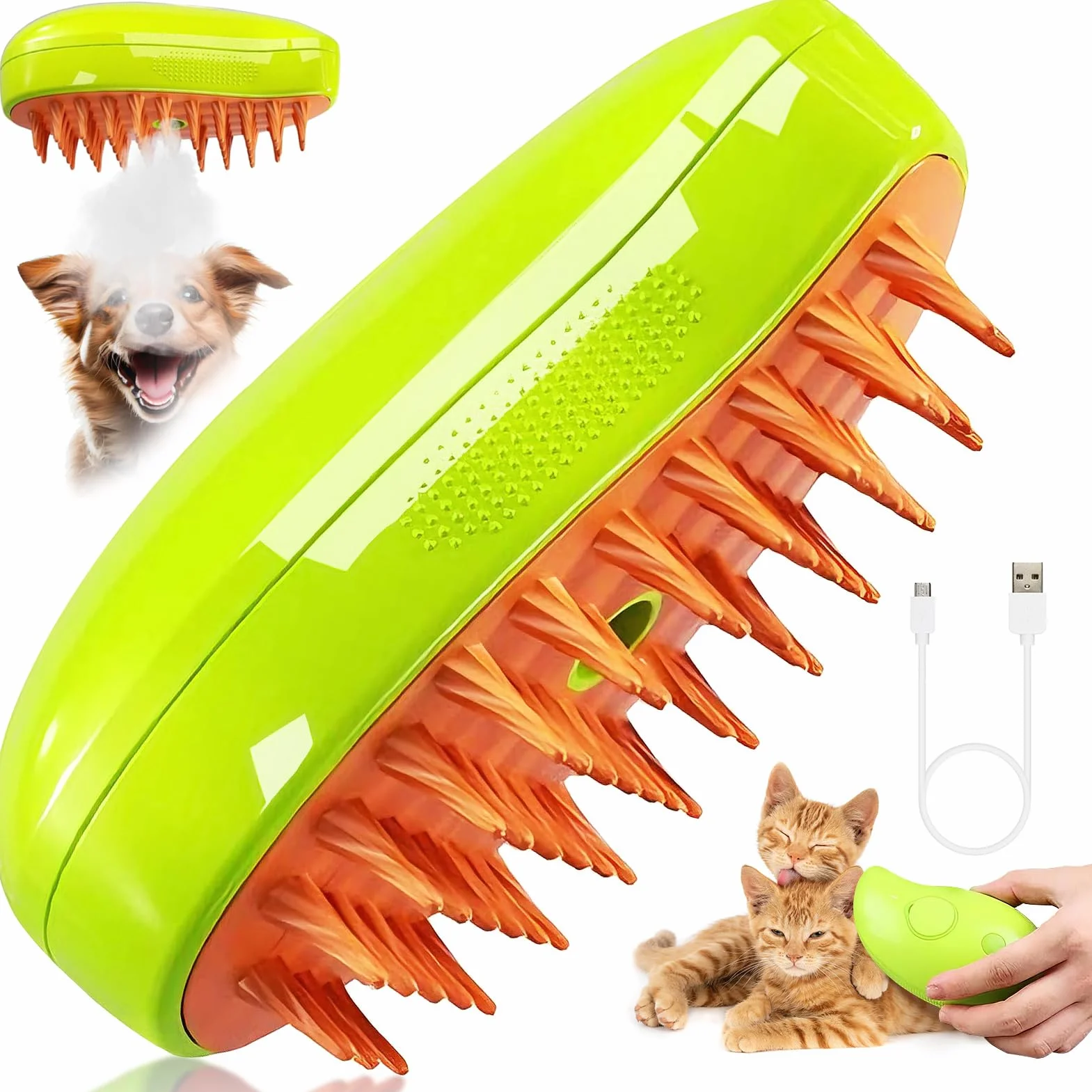 Brosse Chat à Vapeur 3-en-1 Multifonction Vert Démêler Noeuds Poils Lâches