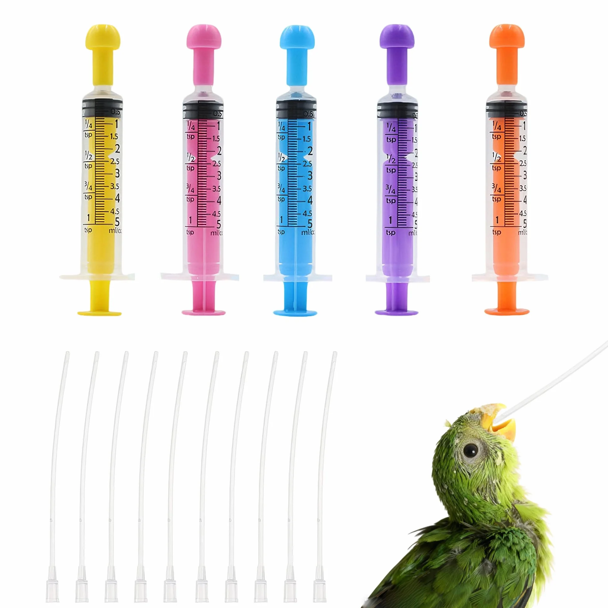 Seringue d'alimentation pour oisillons 5ml Lot de 5 seringues orales multicolores + 10 tubes 12cm