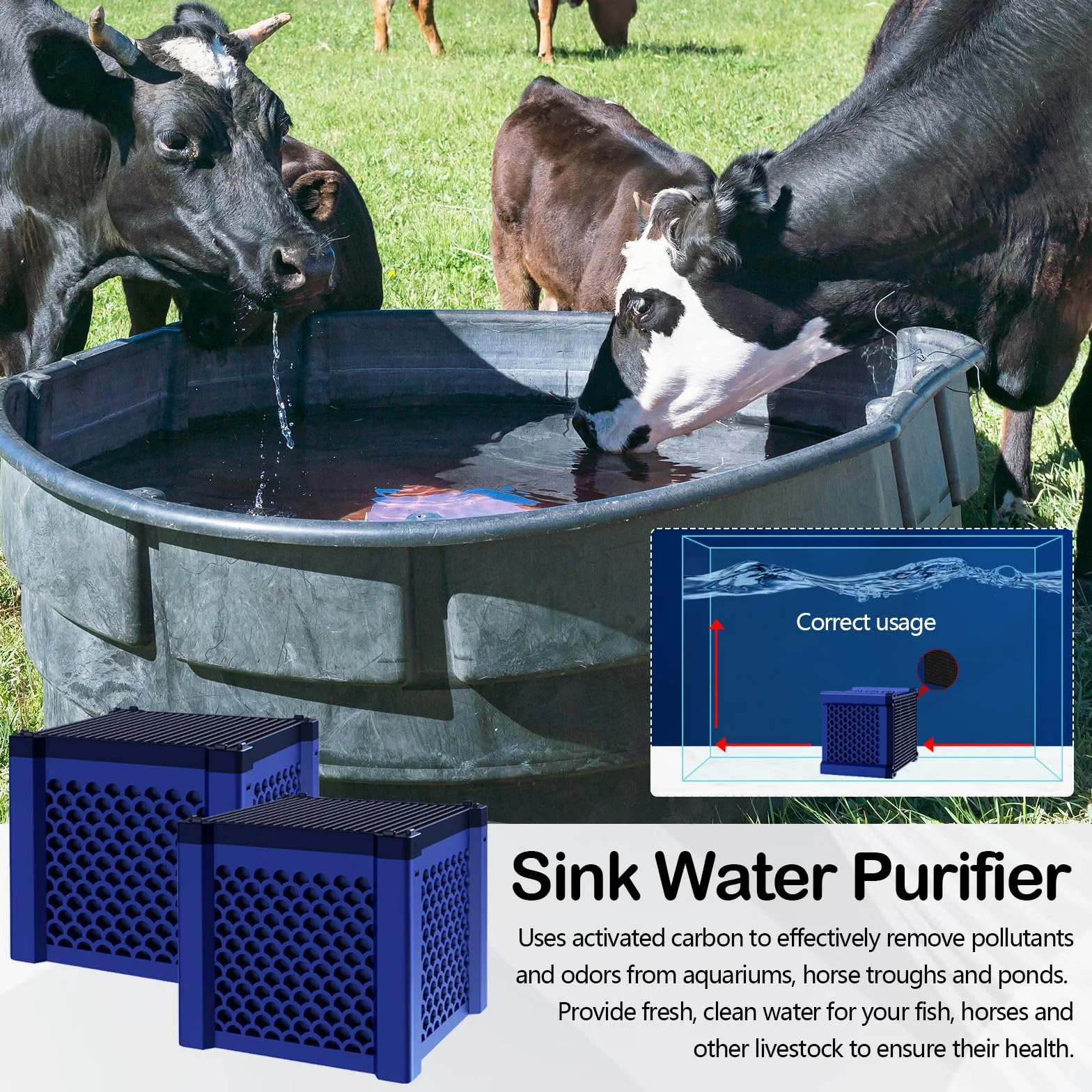 Lot de 2 Cubes Purificateurs d'eau pour Abreuvoir à Chevaux, Filtre à Charbon Actif