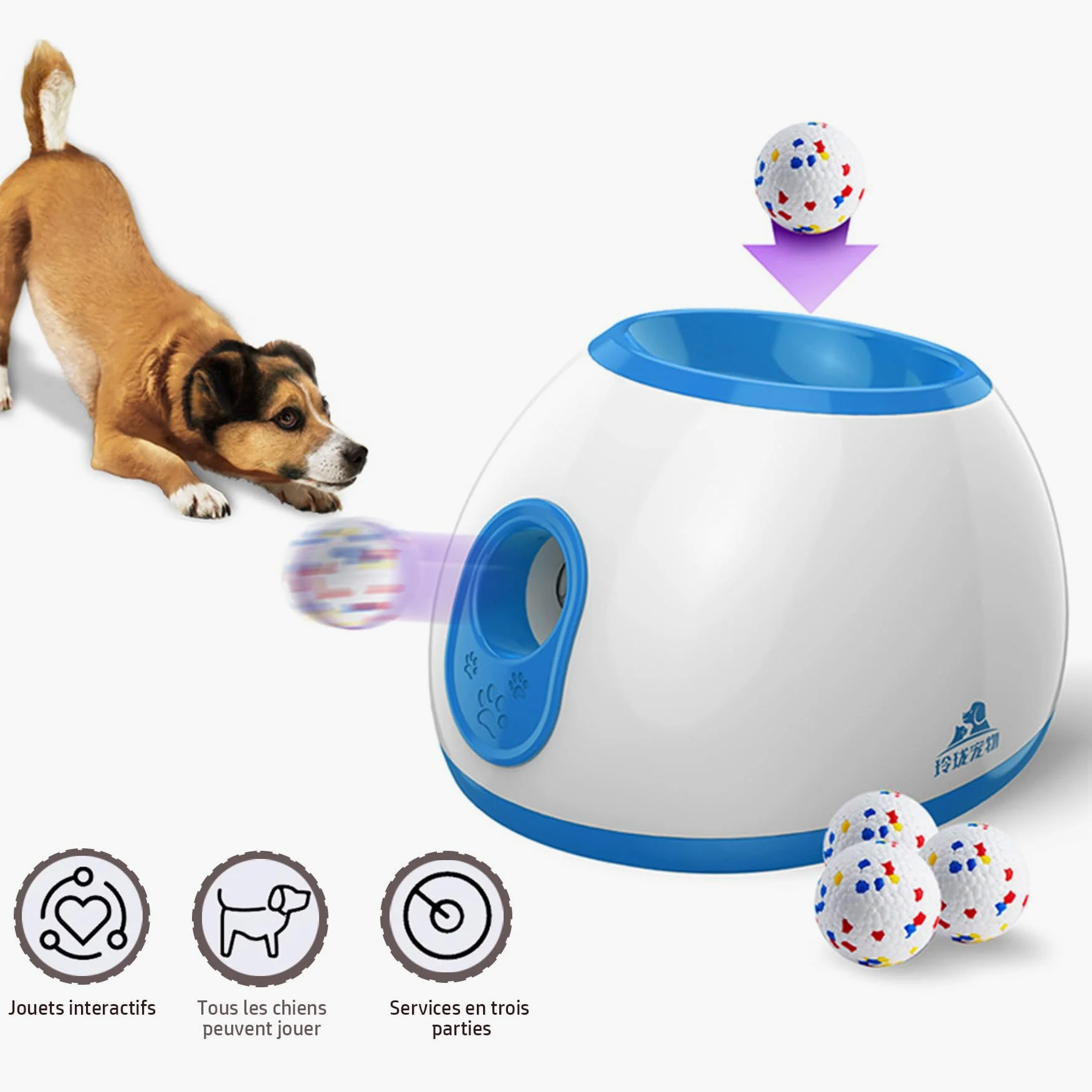 Lanceur de Balle Automatique pour Chien - Jouet Intelligent Réglable pour Jardin/Intérieur, Angle & Distance, Portable, Faible Bruit, avec 3 Balles pour Chien (26.3x19.8x28cm)