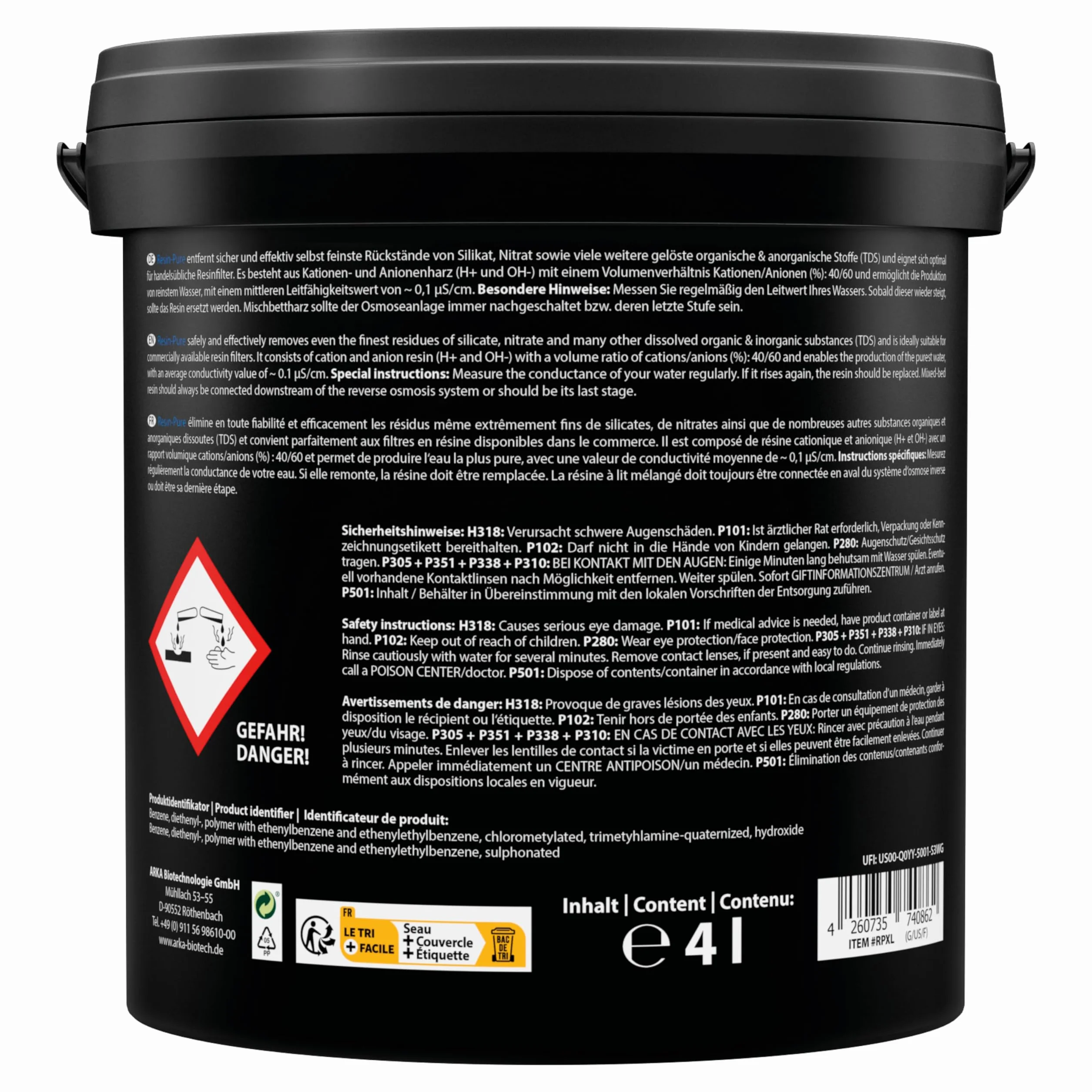 Résine échangeuse Aquarium – ARKA Resin-Pure 5 l – déioniseur pour Osmose Inverse – supprime 100 % TDS, silicates & nitrates – Eau Ultra Pure ~0,1 μS/cm – Filtre Recharge ionique