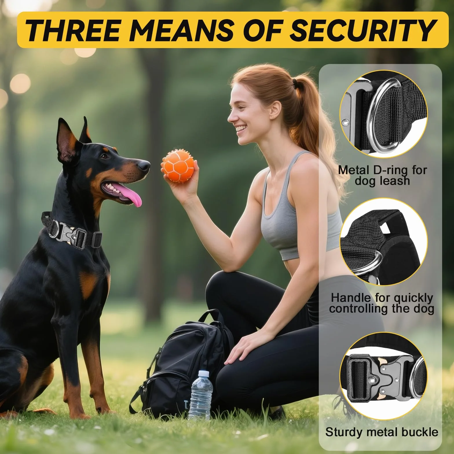 Collier Tactique pour Chien Durable Nylon Réglable avec Poignée Boucle Métal Noir XL