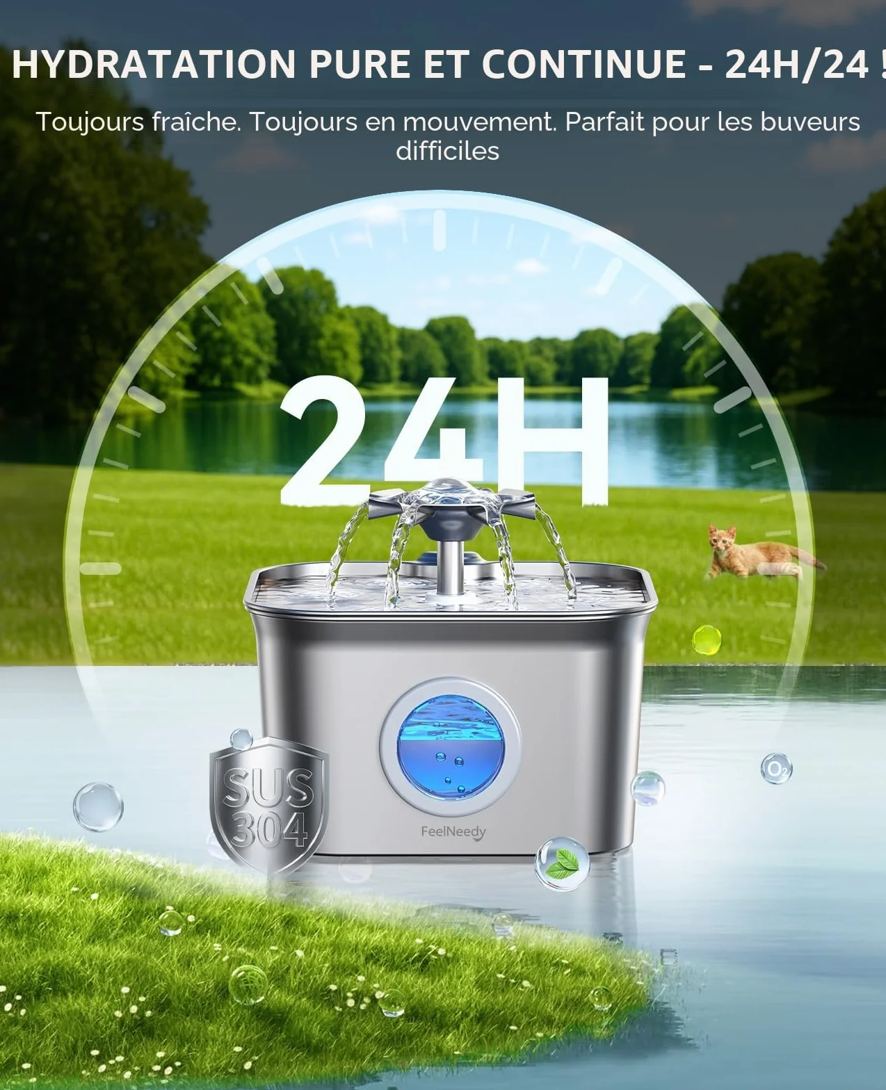 FEELNEEDY Fontaine à Eau pour Chat INOX 2,8L avec 3 Filtres, Système Quadruple Filtration