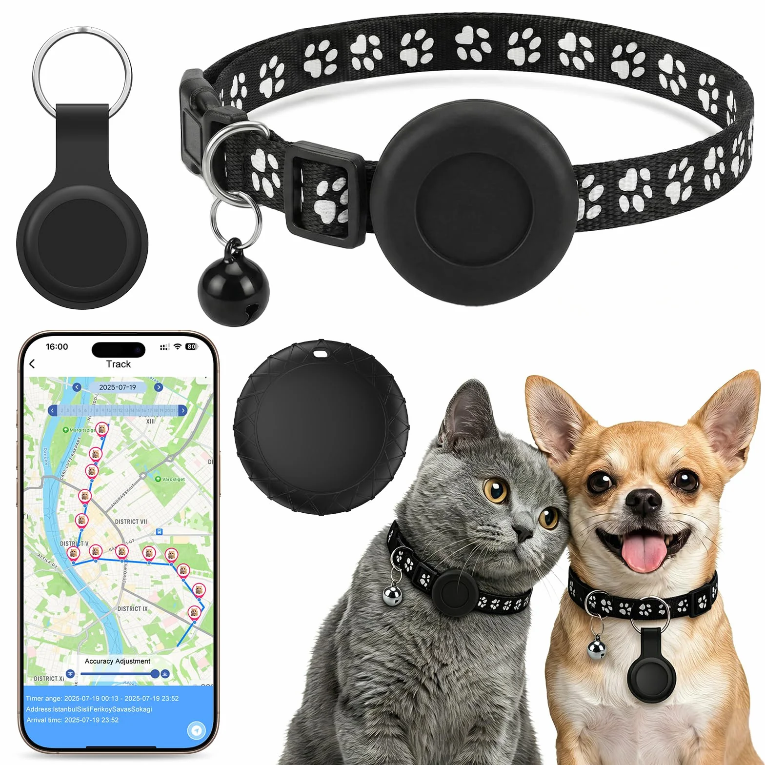 Collier GPS Chat Chien sans Abonnement IPX6 Traceur Localisation Temps Réel Compatible iOS Android Noir