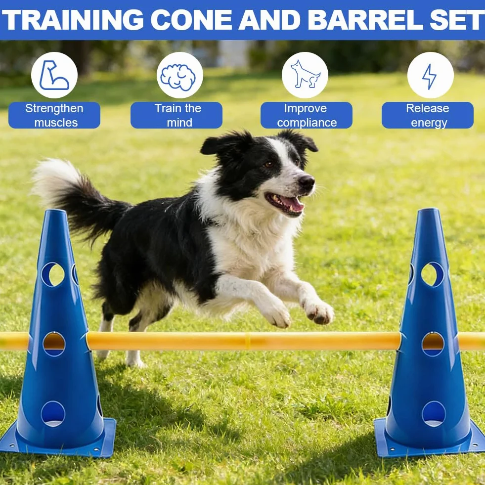 Kit de dressage pour chien Cavaletti Agility - 23 cm hauteur - 10 cônes et 5 barres - Sac en filet