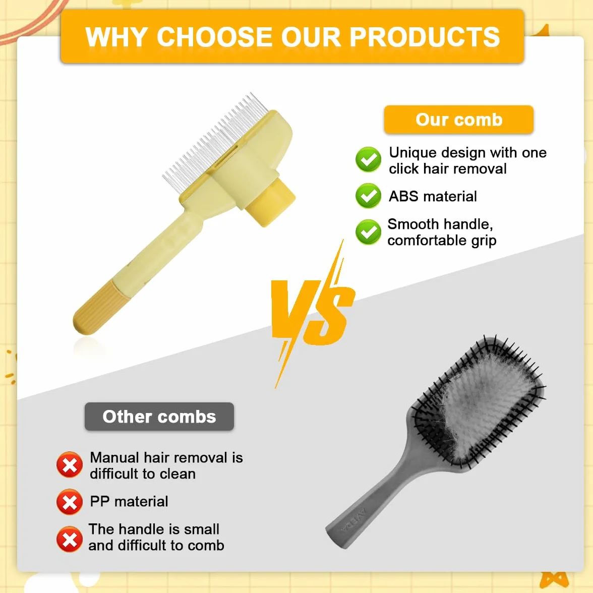 Peigne anti-puces autonettoyant pour chats, brosse de toilettage animaux, avec bouton pour nettoyage rapide (jaune)