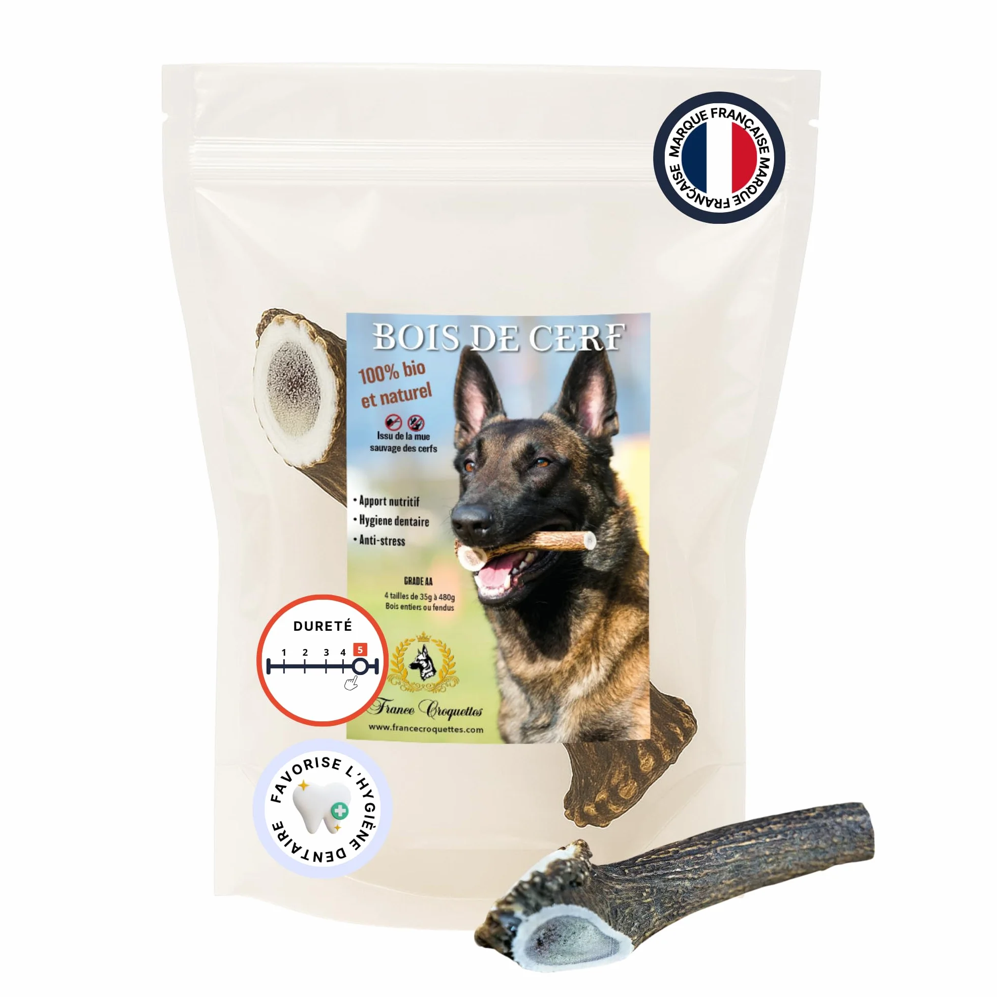 Bois de Cerf M Entier 60-100 g pour Chien Moins de 20 kg, Friandise Naturelle à mâcher Longue Durée
