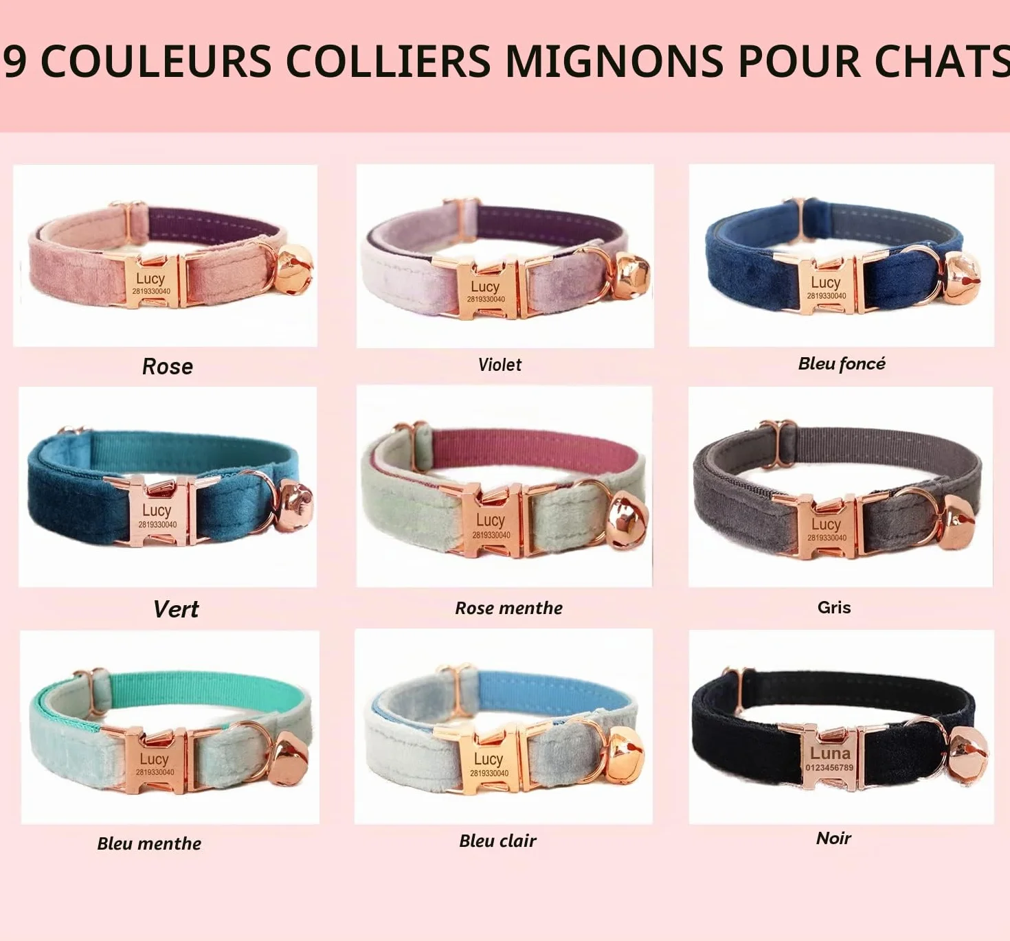 Collier pour chat personnalisé avec étiquette nominative et numéro de téléphone gravés, velours or rose