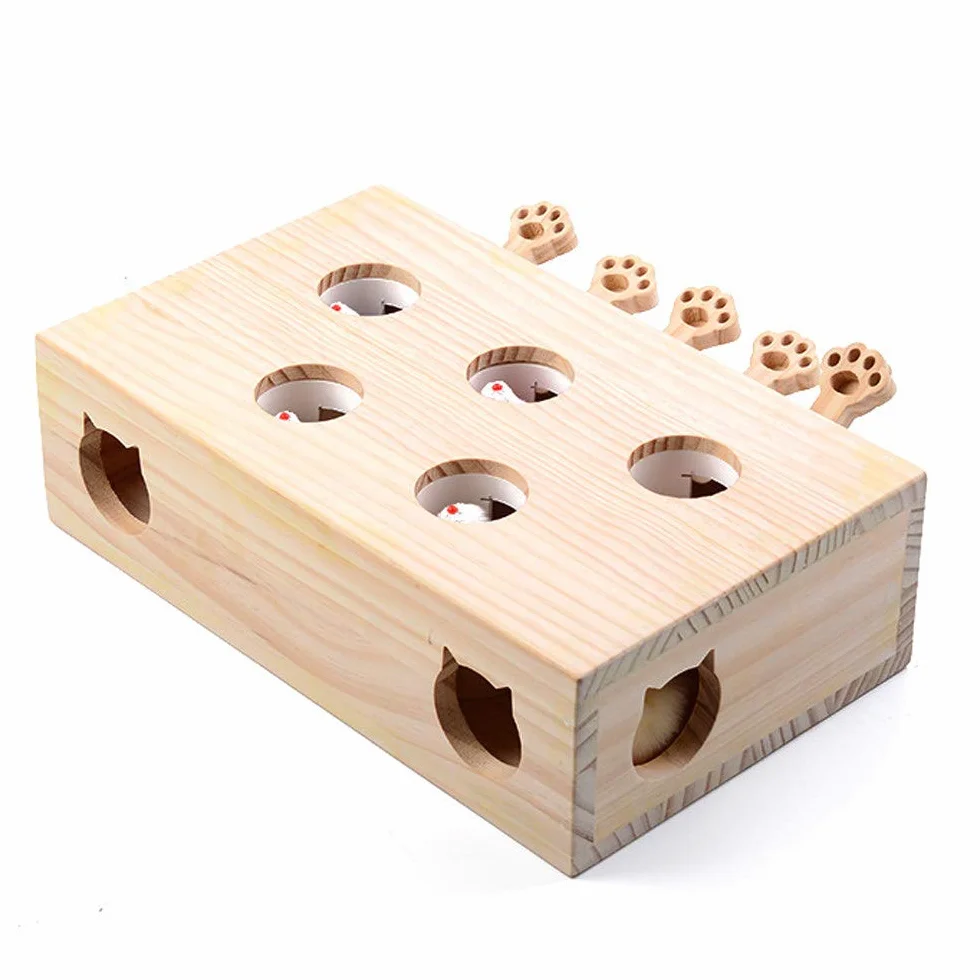 Jouet interactif pour Chat, Bois, Jouet, Taupe Souris, boîte à Puzzle avec Jouets de Dessin animé Mignon pour Chat, Chasse, Jeu, Exercice, gratter - 5 Trous,A