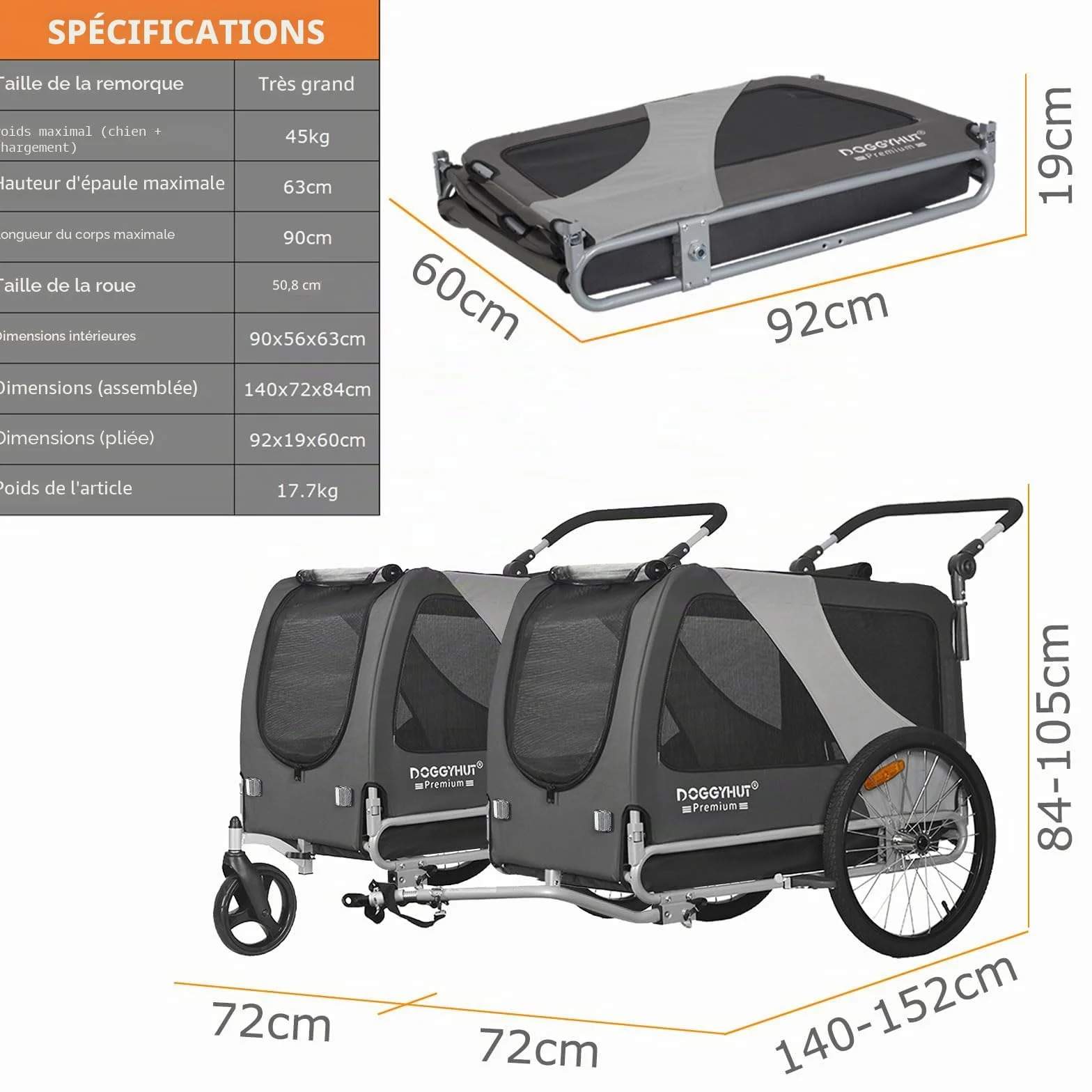 Remorque pour Chien Grand TIGGO XXL avec Kit Jogger Gris