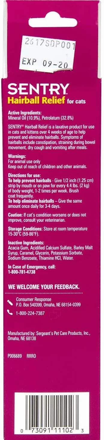 Sentry PETROMALT HAIRBALL RELIEF For Cats 4.4 oz Malt Flavor 2 Pack