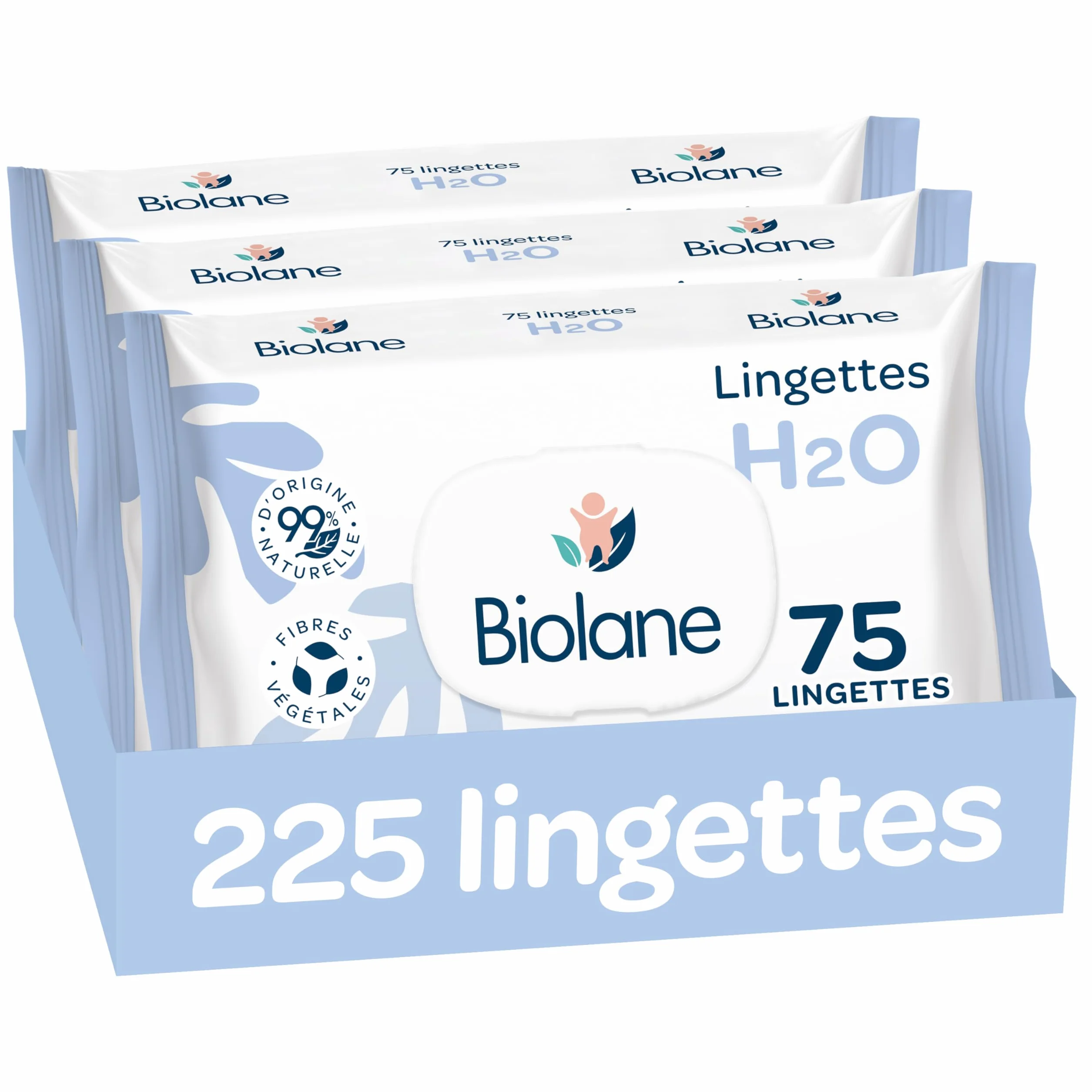 BIOLANE Lingettes bébé à l'eau 225 Lingettes Lot de 3x75 Nettoyage doux sans rinçage dès la naissance